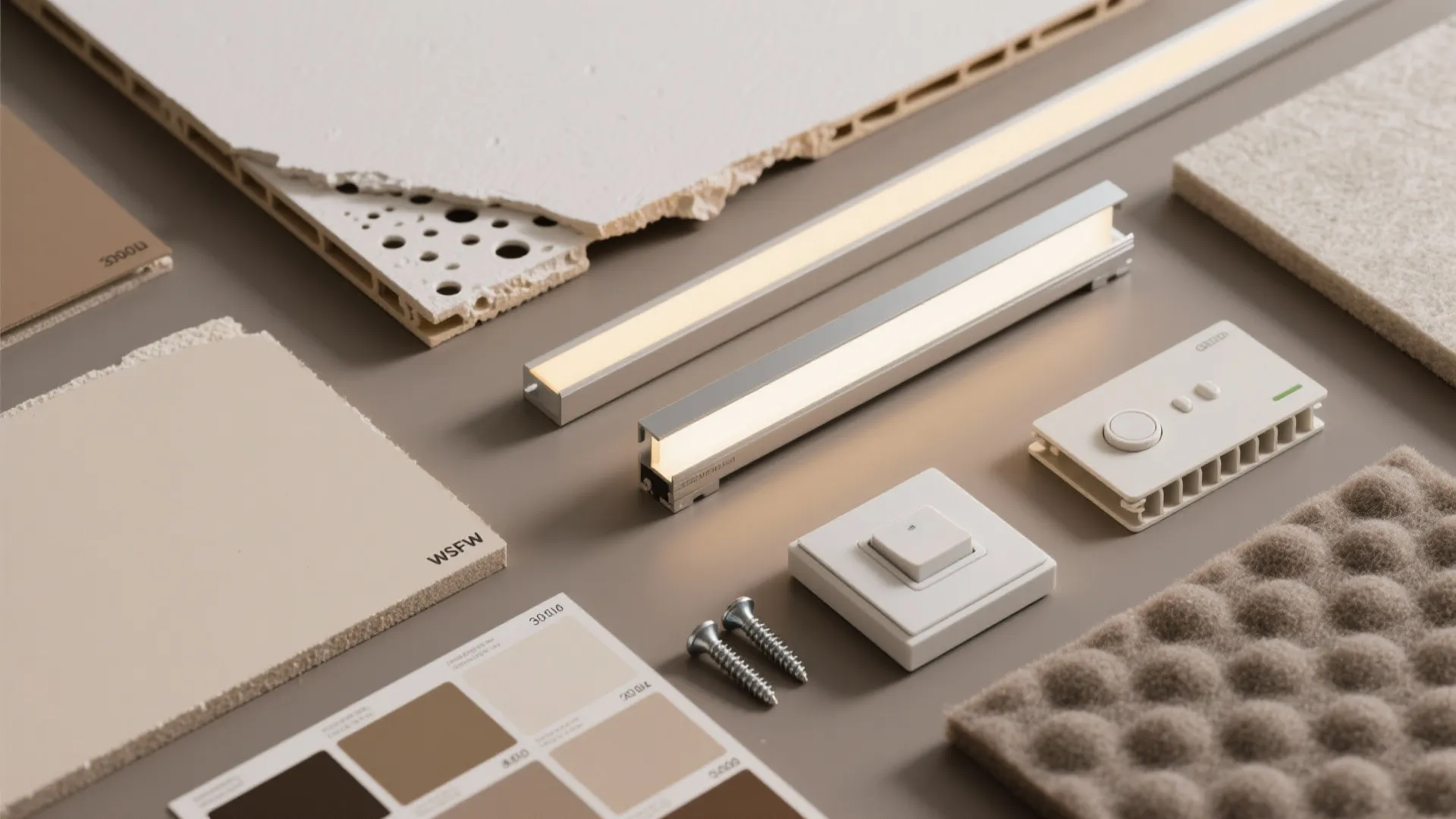 Collection of interior design materials including light fixtures wall panel samples screws and color palette
