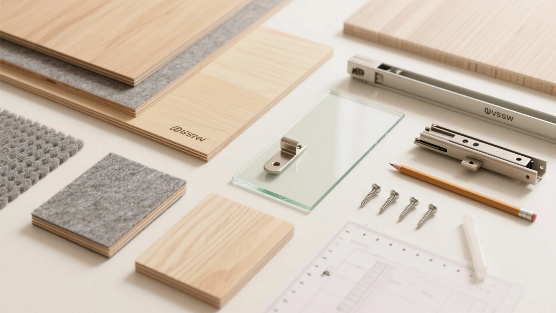 Wood samples with glass panel and metal screws placed next to a floor plan design
