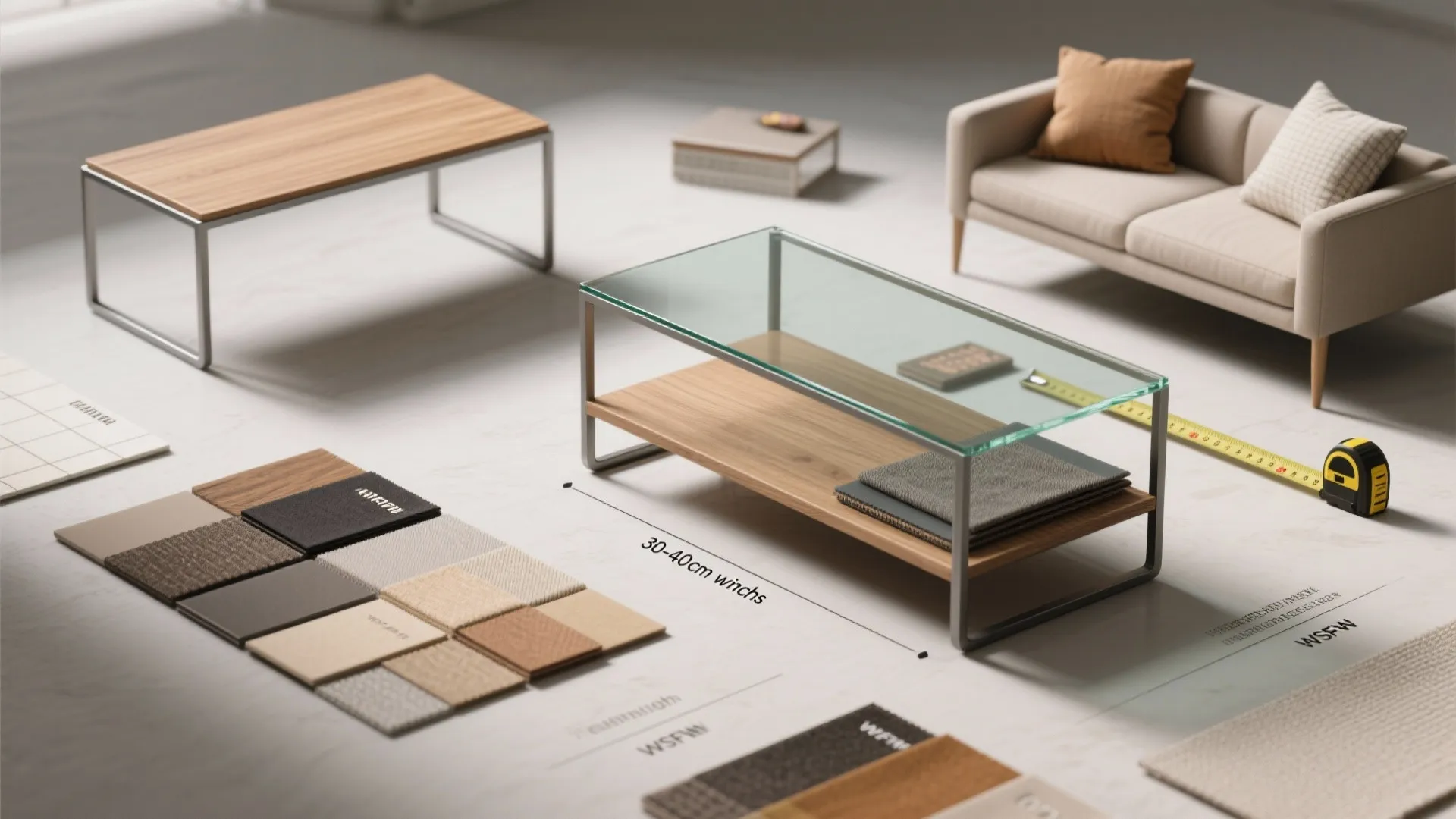Flat-lay of material swatches and mini models showing options for slim coffee table materials and recommended dimensions.