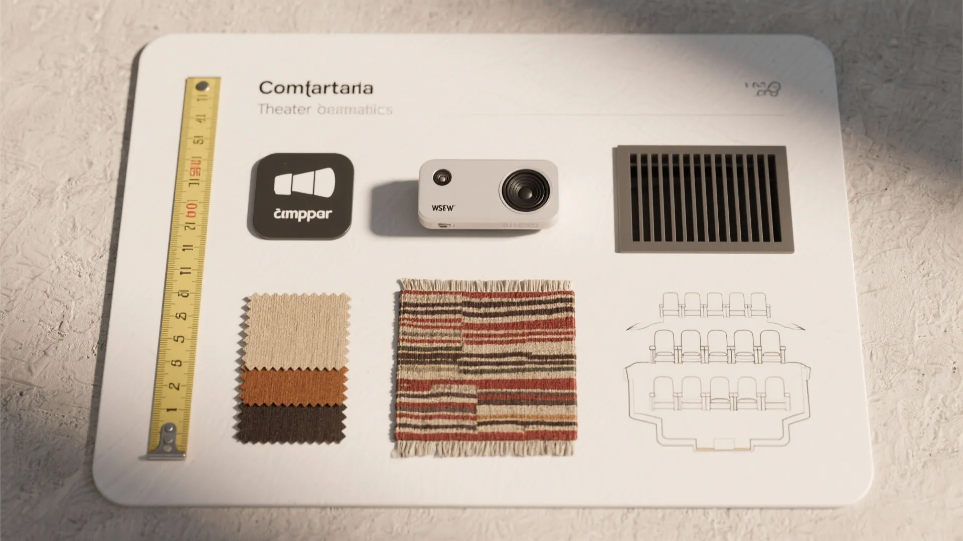 Interior design mood board including theater projector small carpet samples measuring tape and room seating plan