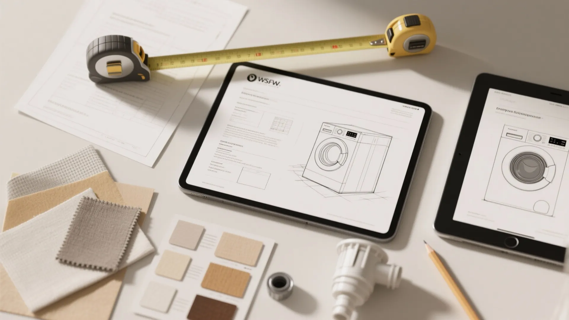 Table with tablet showing washing machine interior design drawing surrounded by tape measure and fabric samples