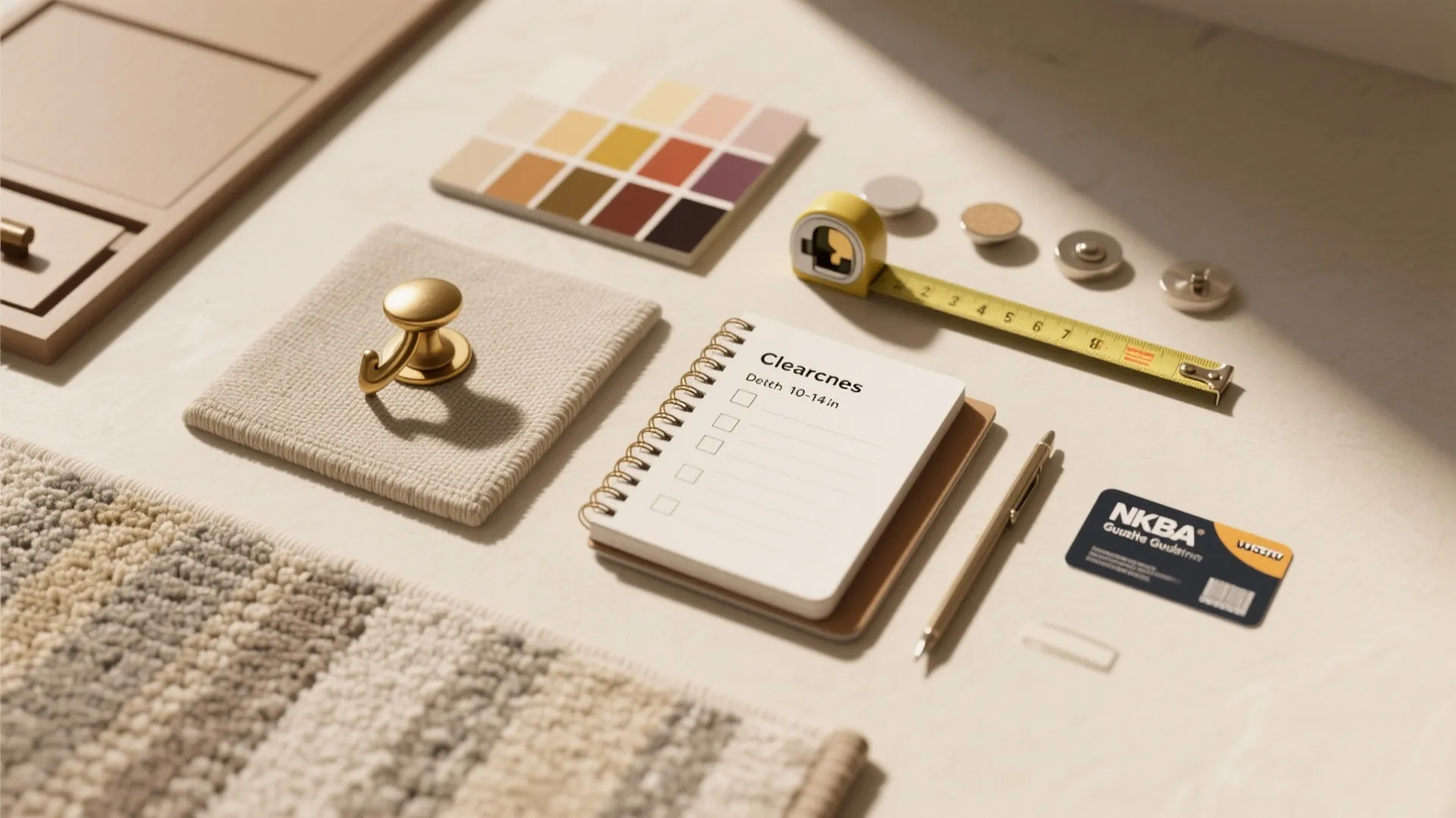 Interior design planning flatlay with notebook, color samples, measuring tape, hooks, and carpet material texture