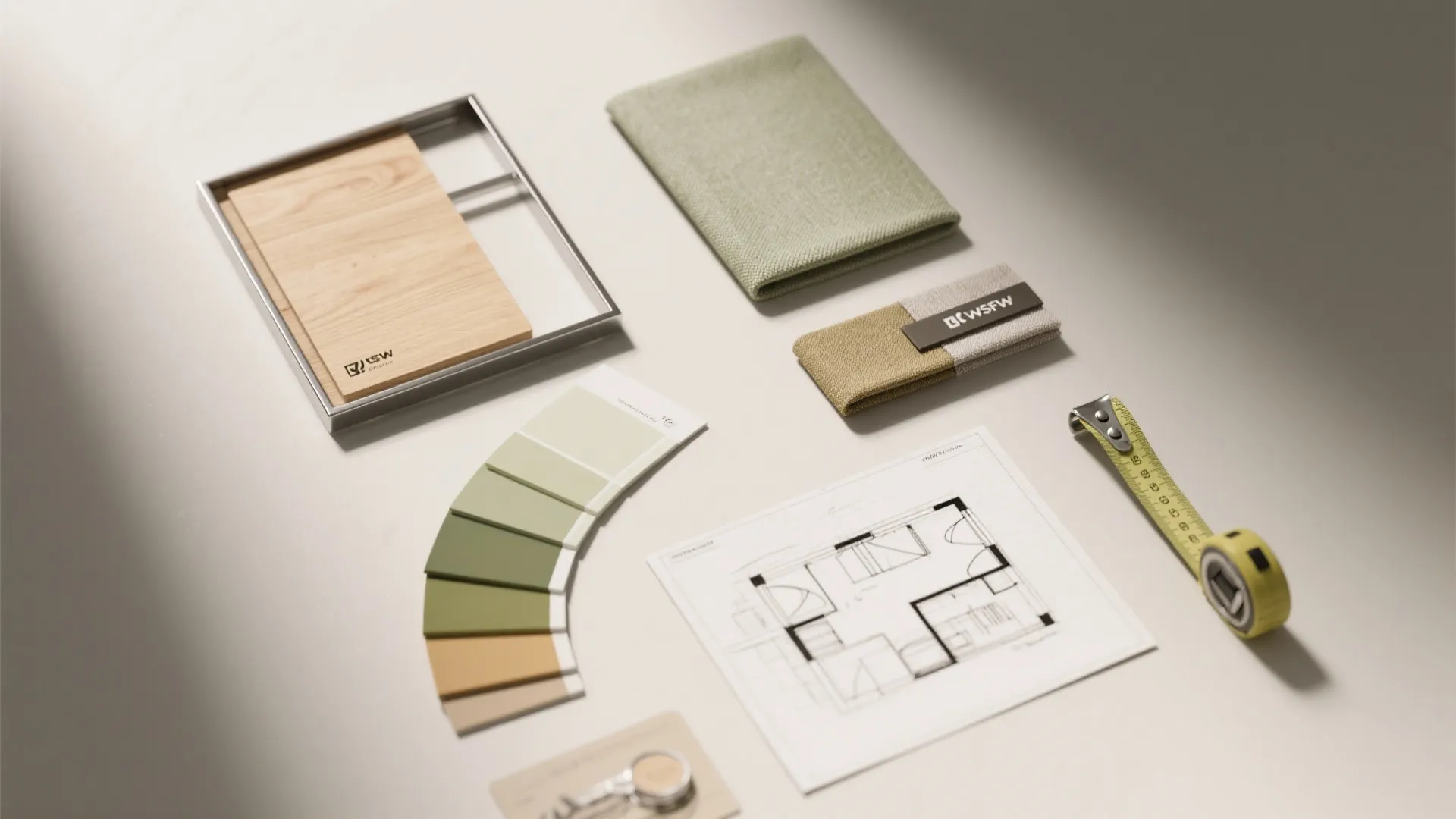 Top-down flatlay of material swatches, a mini floorplan, measuring tape and color chips used for contemporary small-space planning.