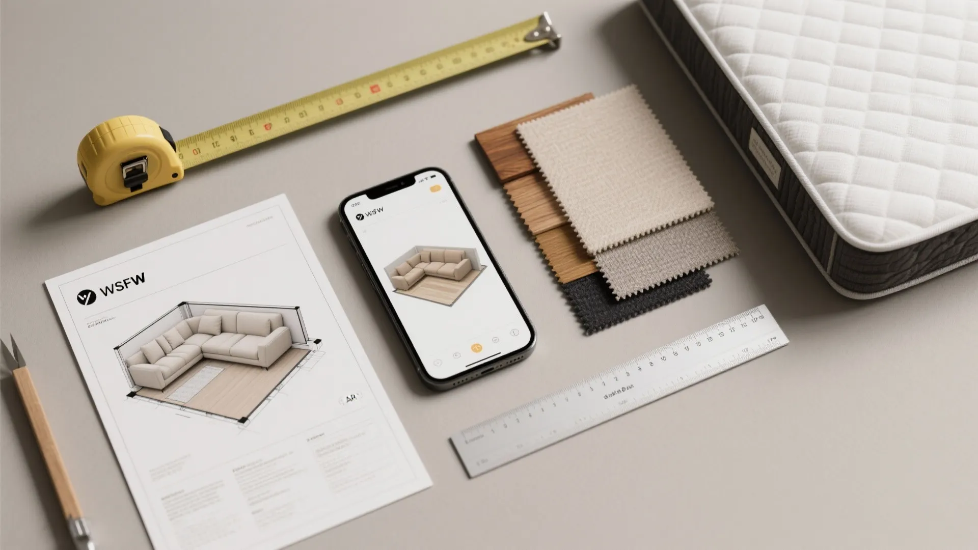 Interior design drawing tools with mobile phone app fabric swatches ruler tape measure and mattress