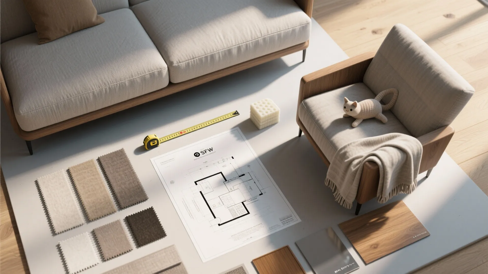 Interior design flat lay with fabric swatches wood samples floor plan tape measure and soft armchair