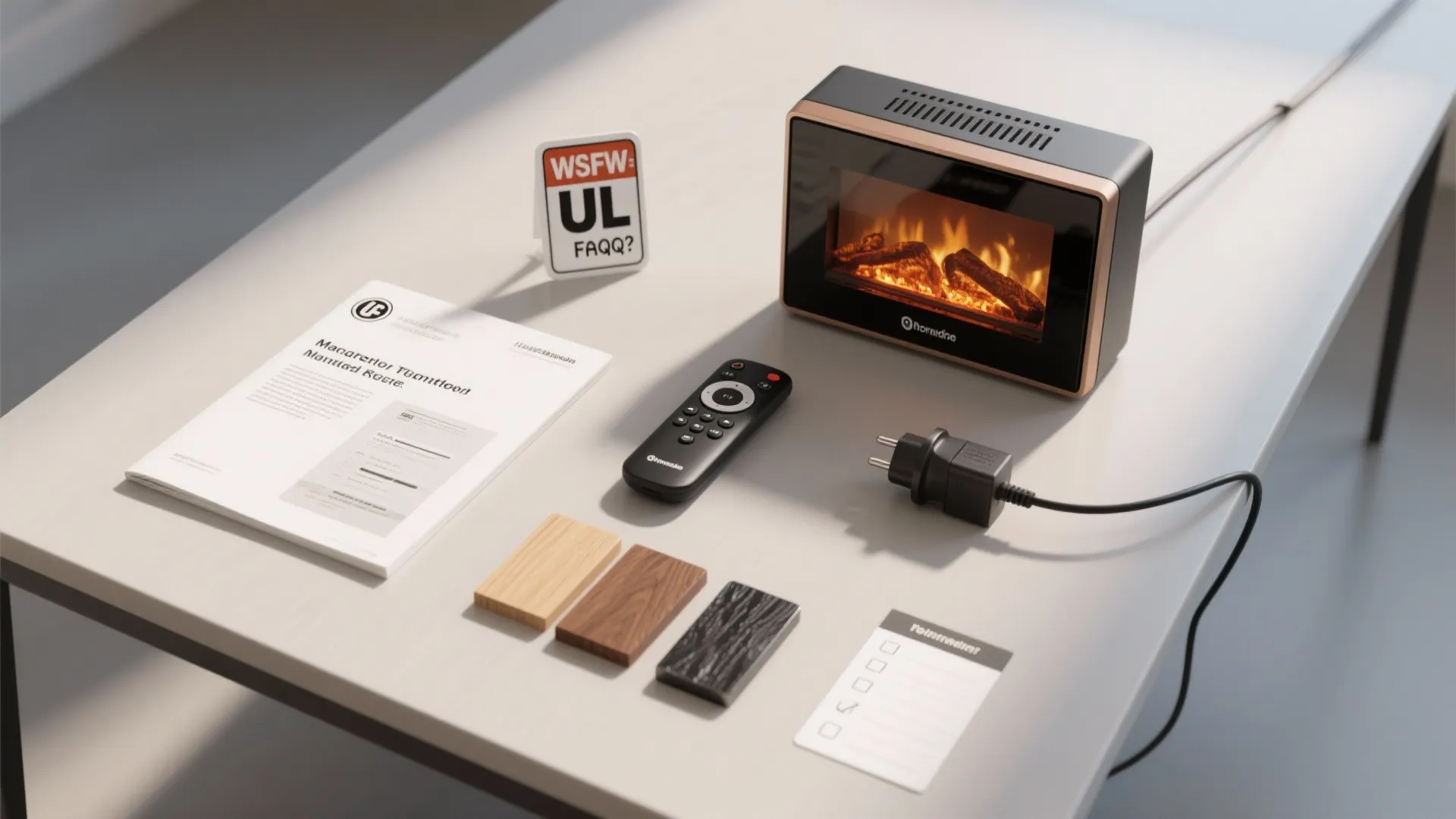 Top-down flatlay of an electric fireplace manual, remote, UL tag, thermostat and material swatches for FAQ visuals.