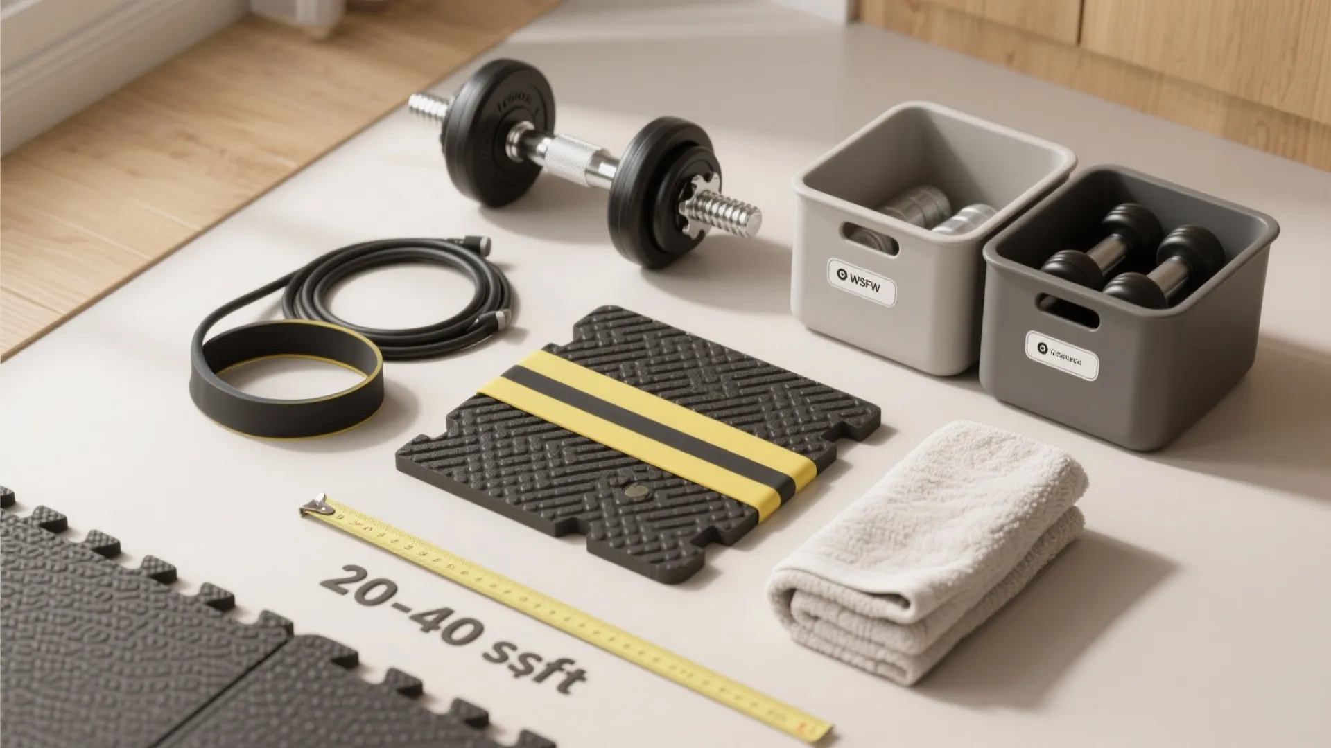 Various workout tools including a dumbbell measuring tape resistance band and storage bins on mat