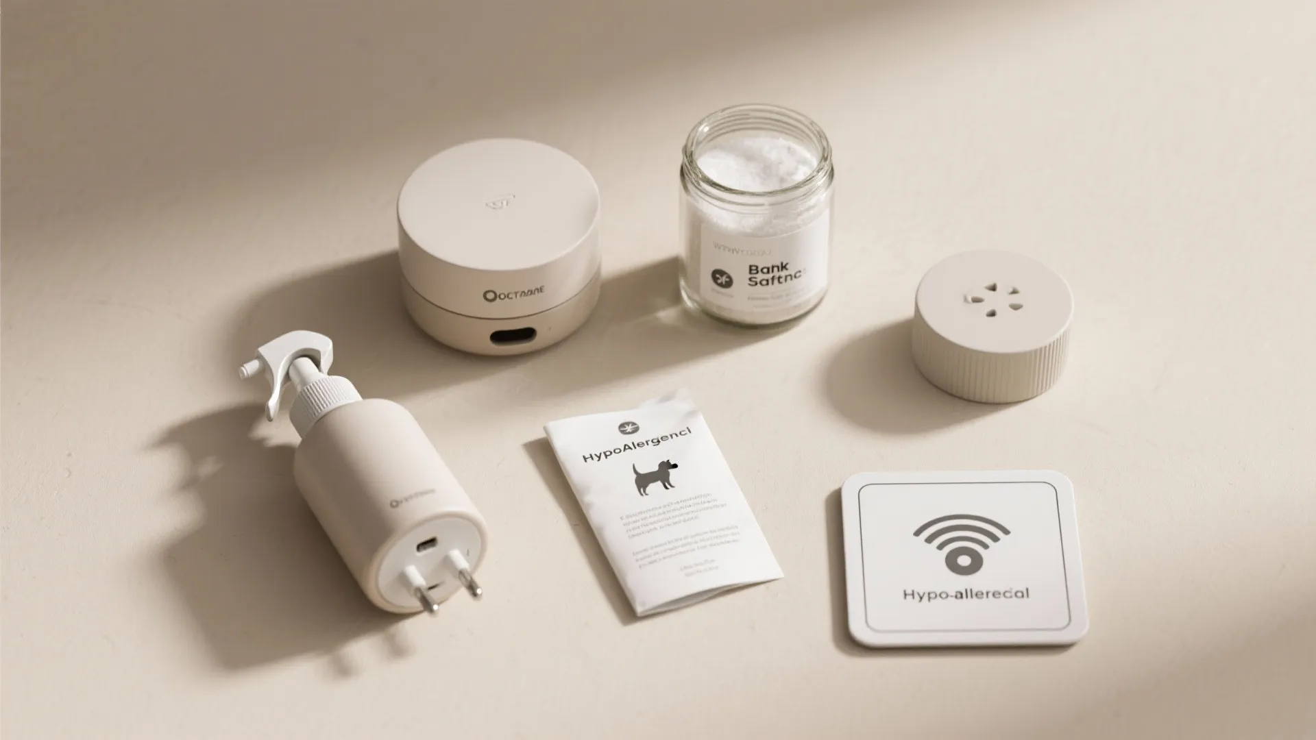 Flatlay of spray bottle, plug-in diffuser, baking soda jar and pet-safety note illustrating FAQ topics about safe scent use.