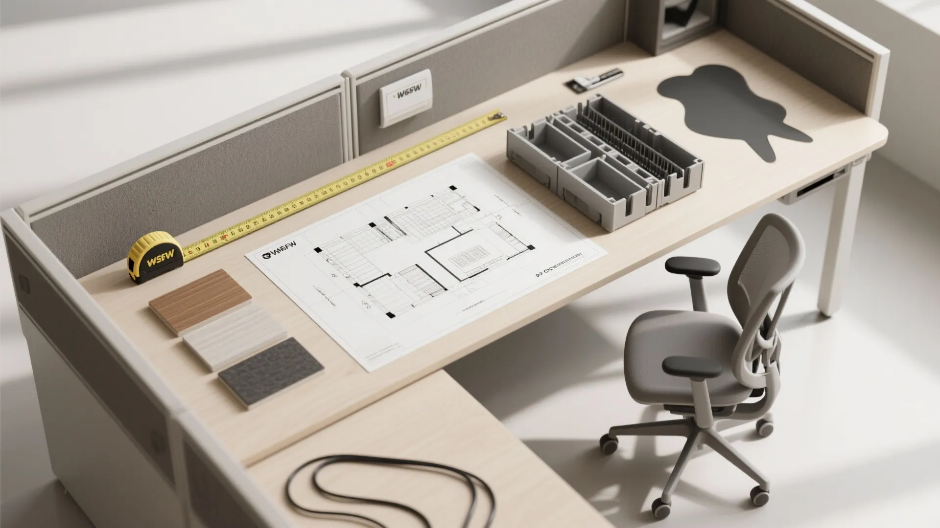 Office desk with interior design drawing tape measure material samples and a grey swivel chair