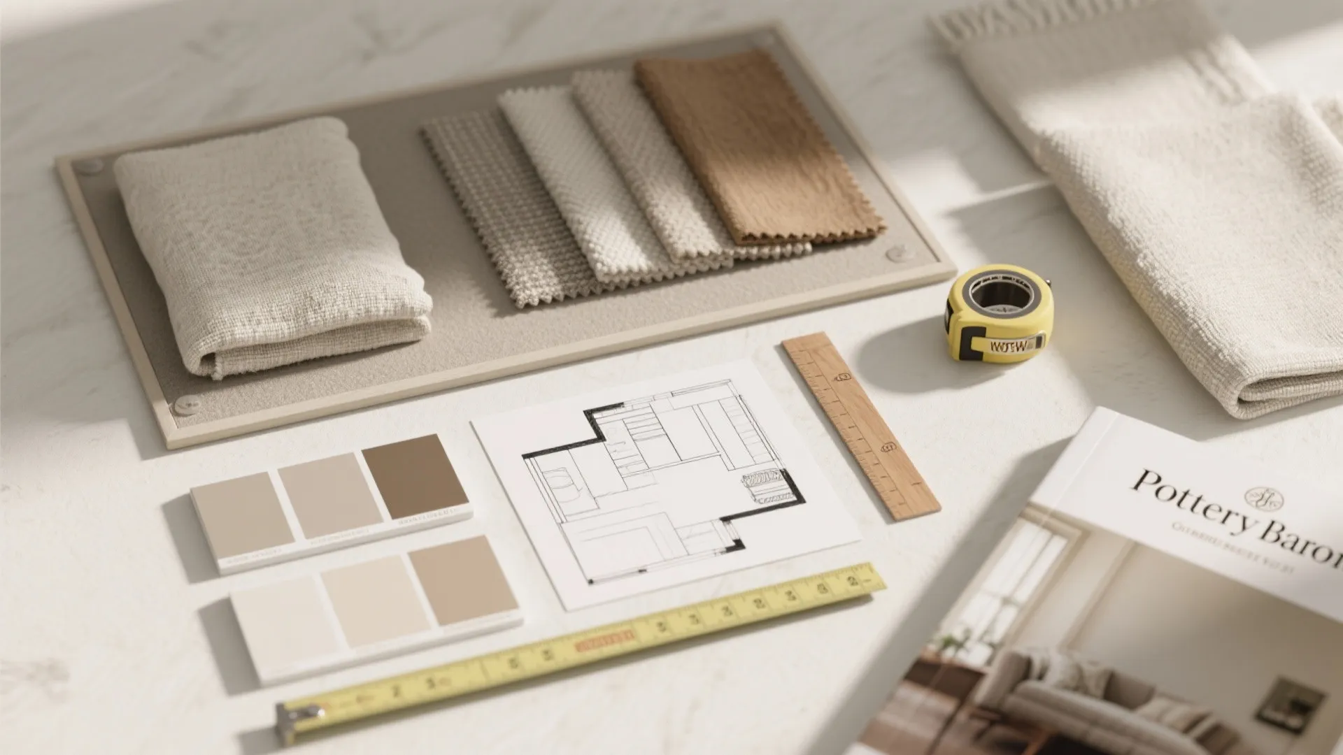 Interior design mood board with fabric samples color palettes measuring tape and a room layout