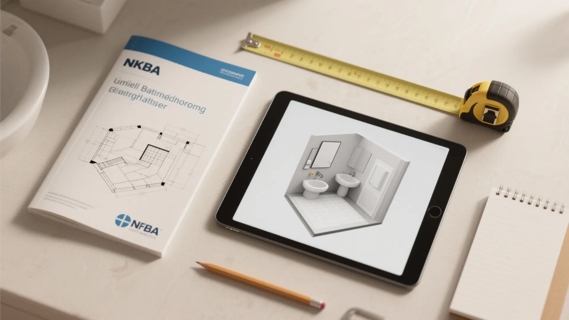 Designer flatlay with NKBA guide, measuring tape, floor plan sketches and a tablet showing a 3D bathroom render.