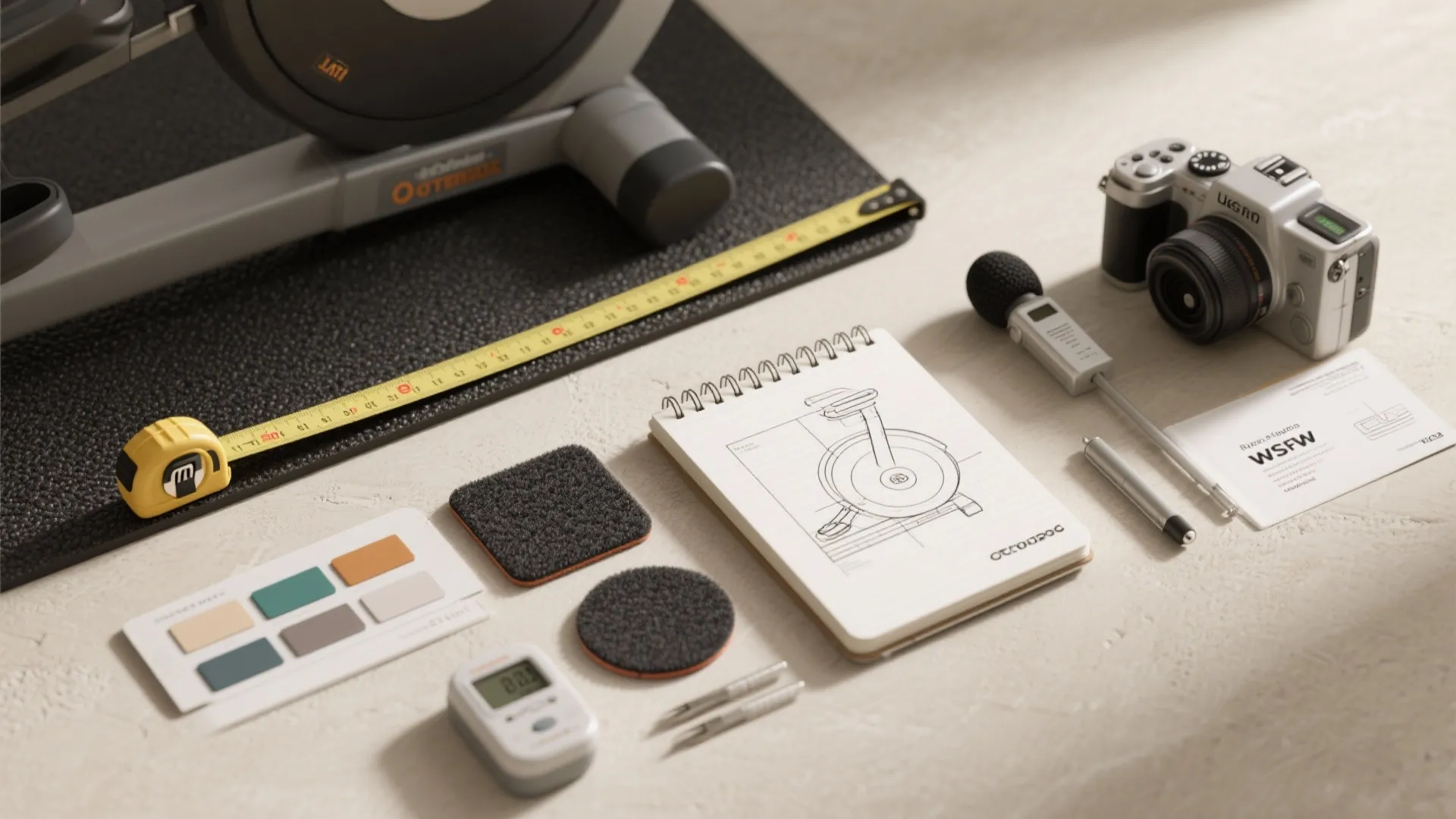 Flat lay of camera, tape measure, sketch book, color samples, and various design planning tools
