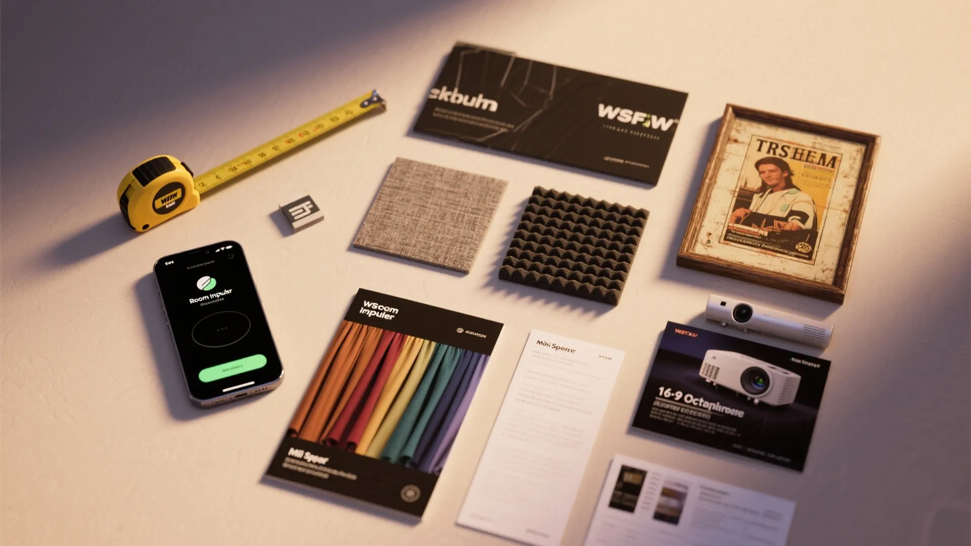 Flat lay of interior design tools including measuring tape phone material samples brochures and projector