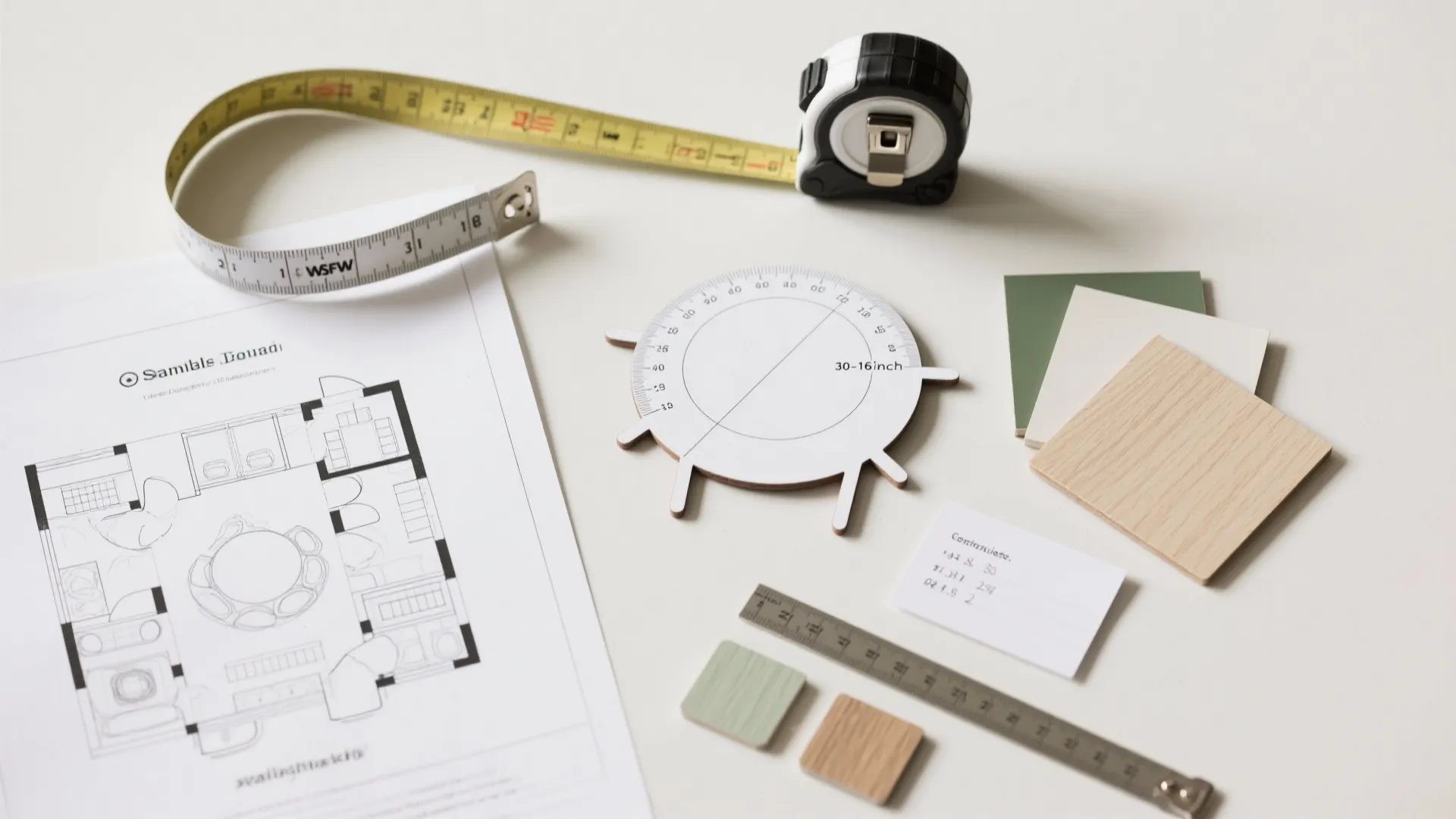 Flatlay of measuring tape, floorplan, table scale cutouts and color swatches for planning a small dining area.
