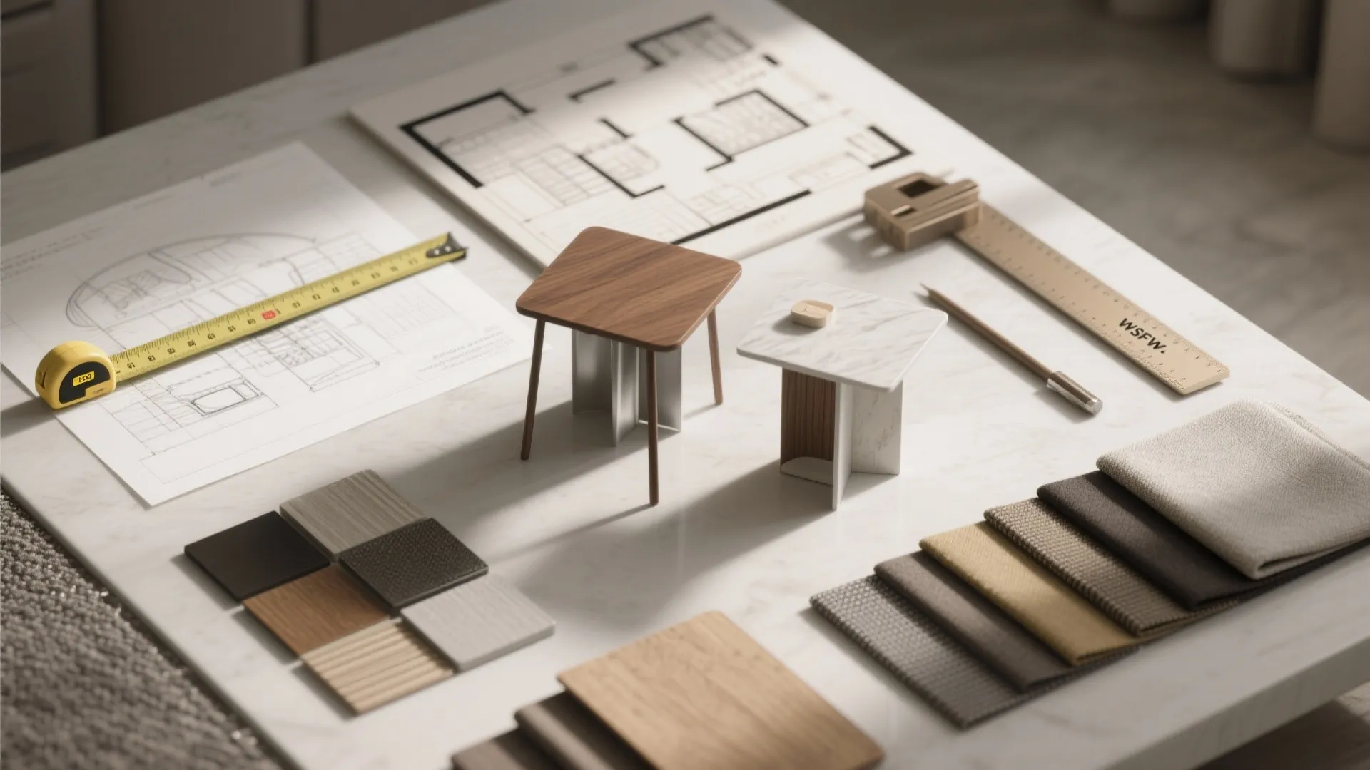 Flat lay of measuring tape, fabric swatches, wood samples and sketches for planning a small end table.
