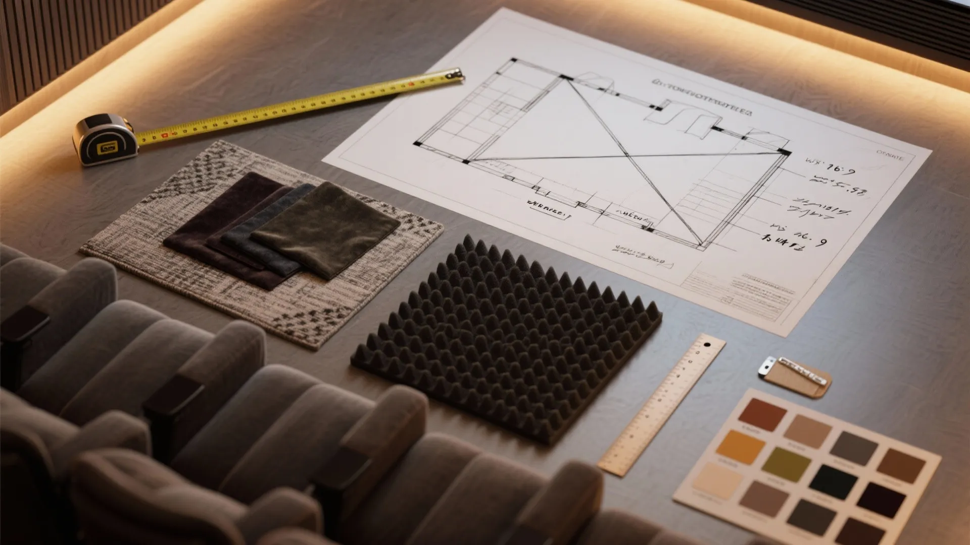 Interior design drawing with measuring tape color swatches and fabric samples on a grey table