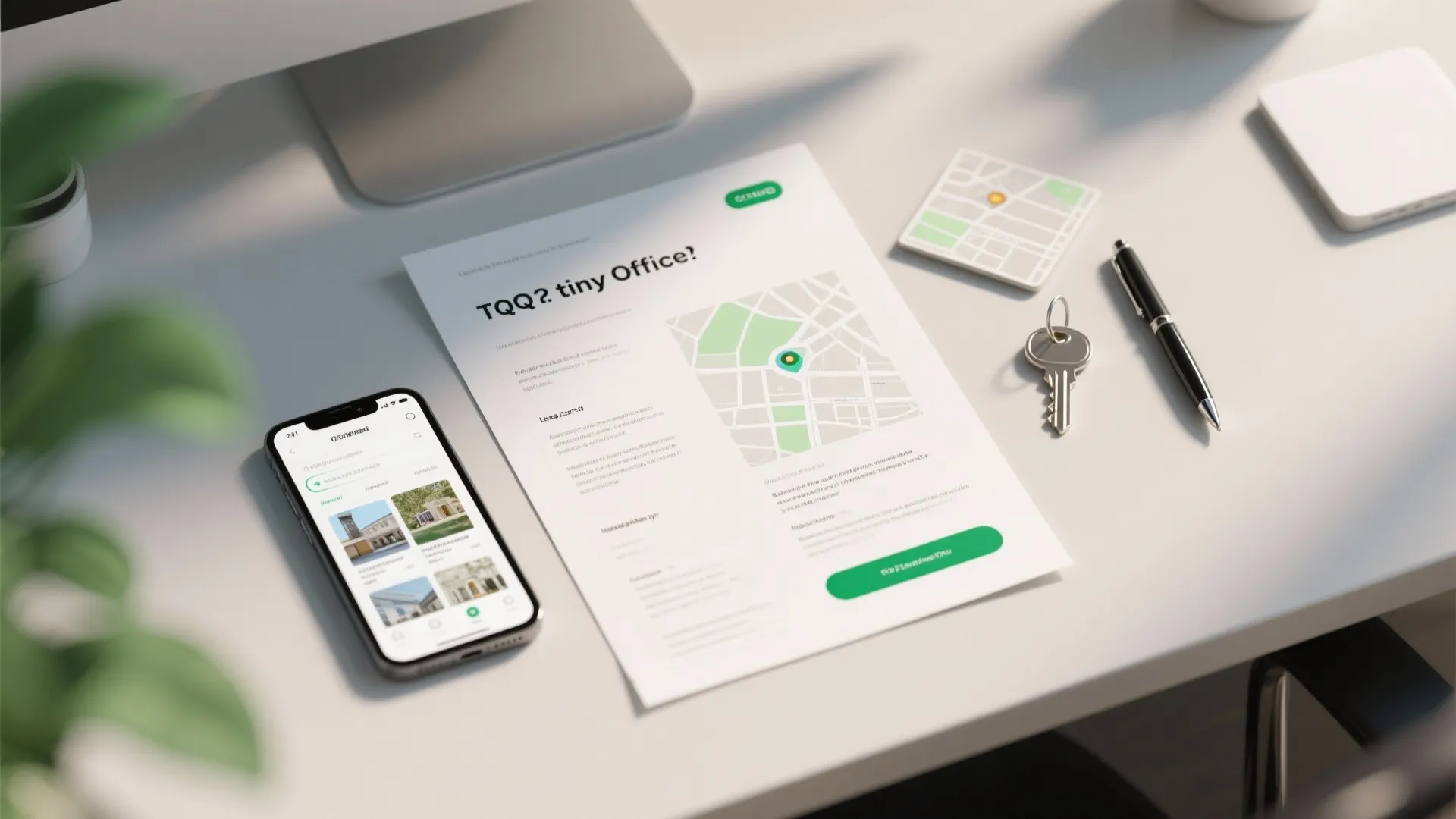 Office desk showing a smartphone paper with map pen and keys for small office space