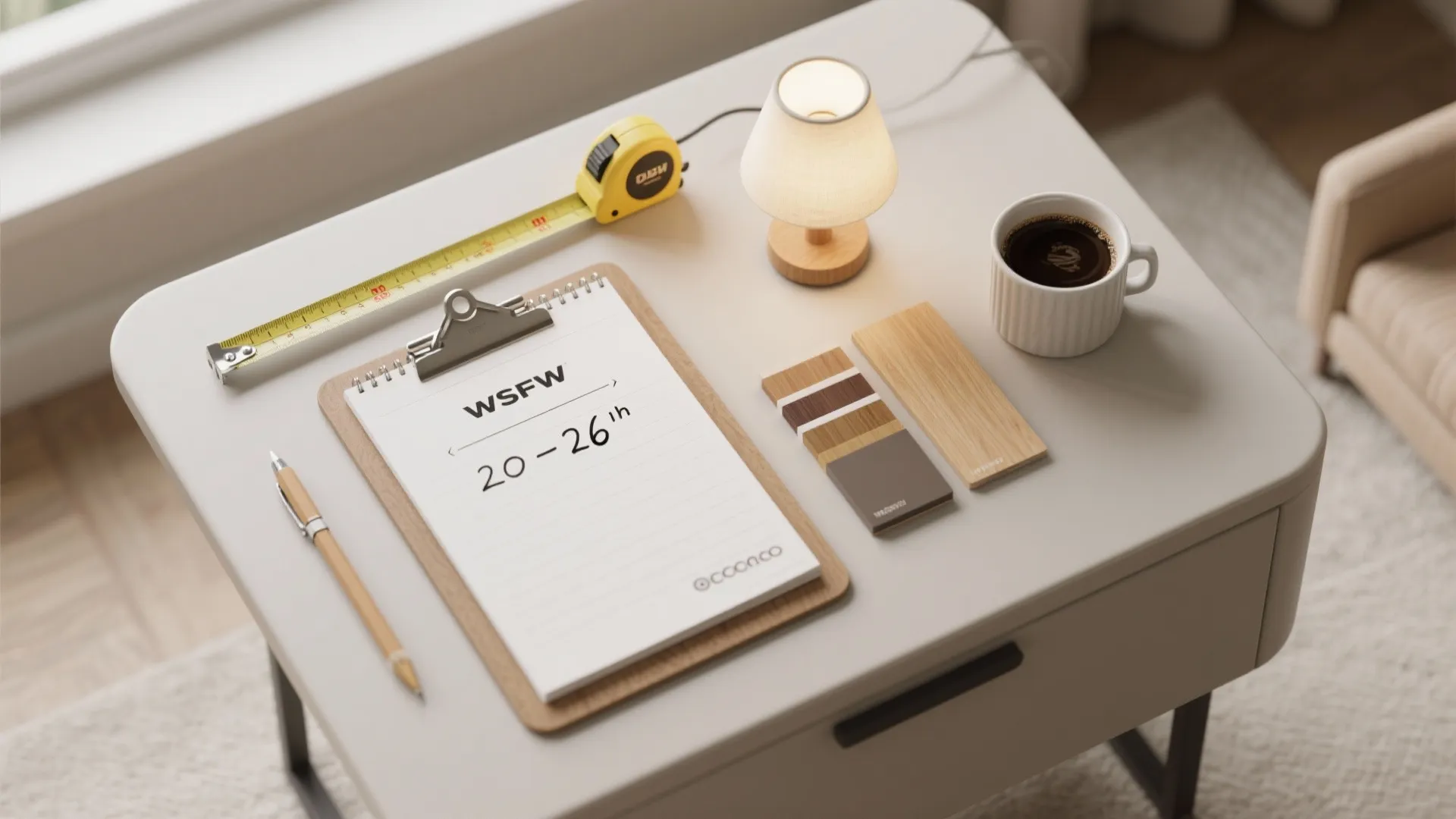 Modern white side table with measuring tape small table lamp coffee mug and paper clipboard