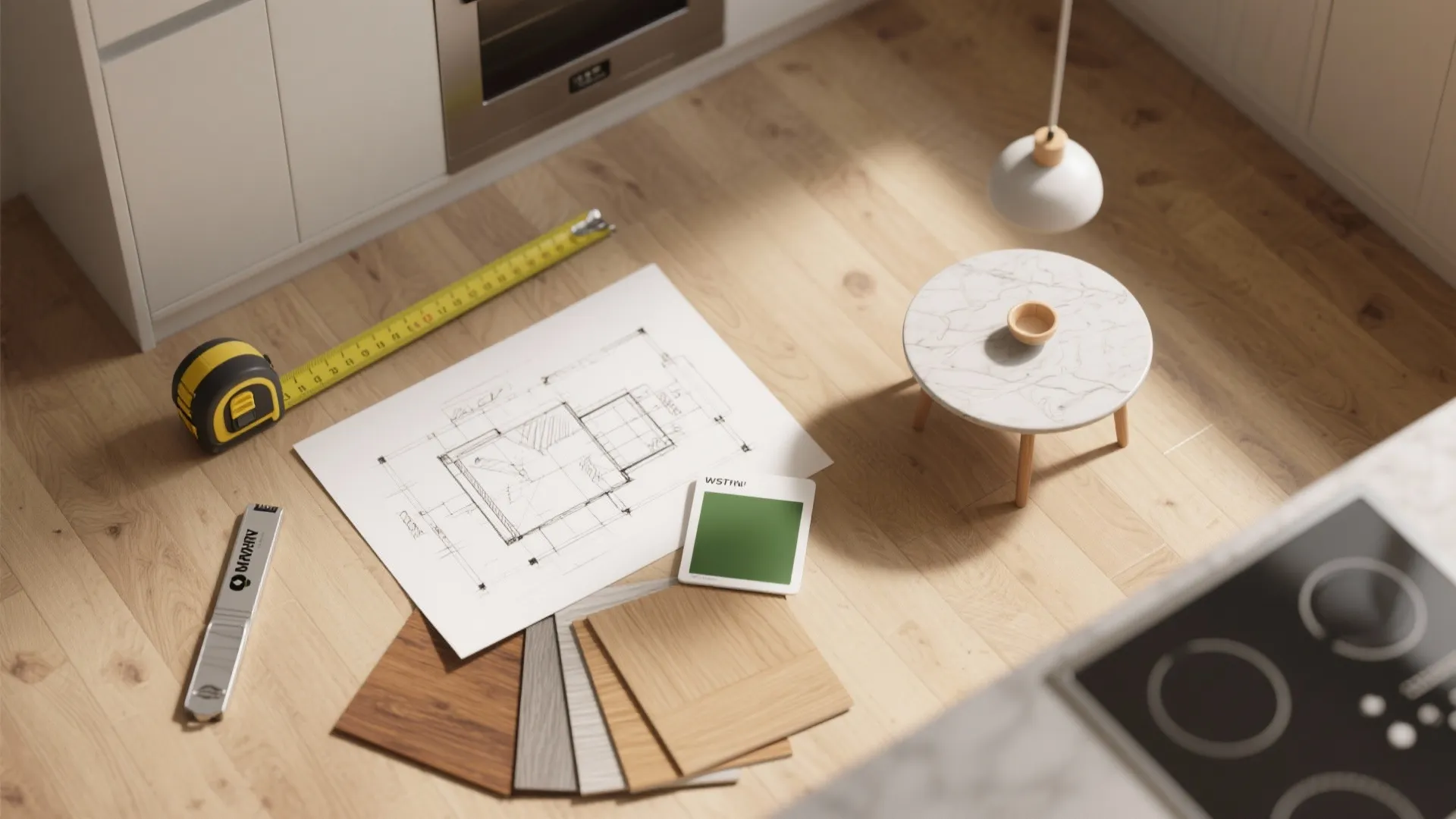 Floor plan paper with wood samples measuring tape and small marble table on wooden flooring