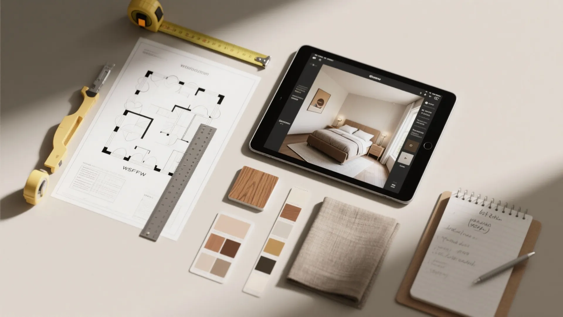 Interior design tools including a tablet showing a bedroom floor plan and various color samples