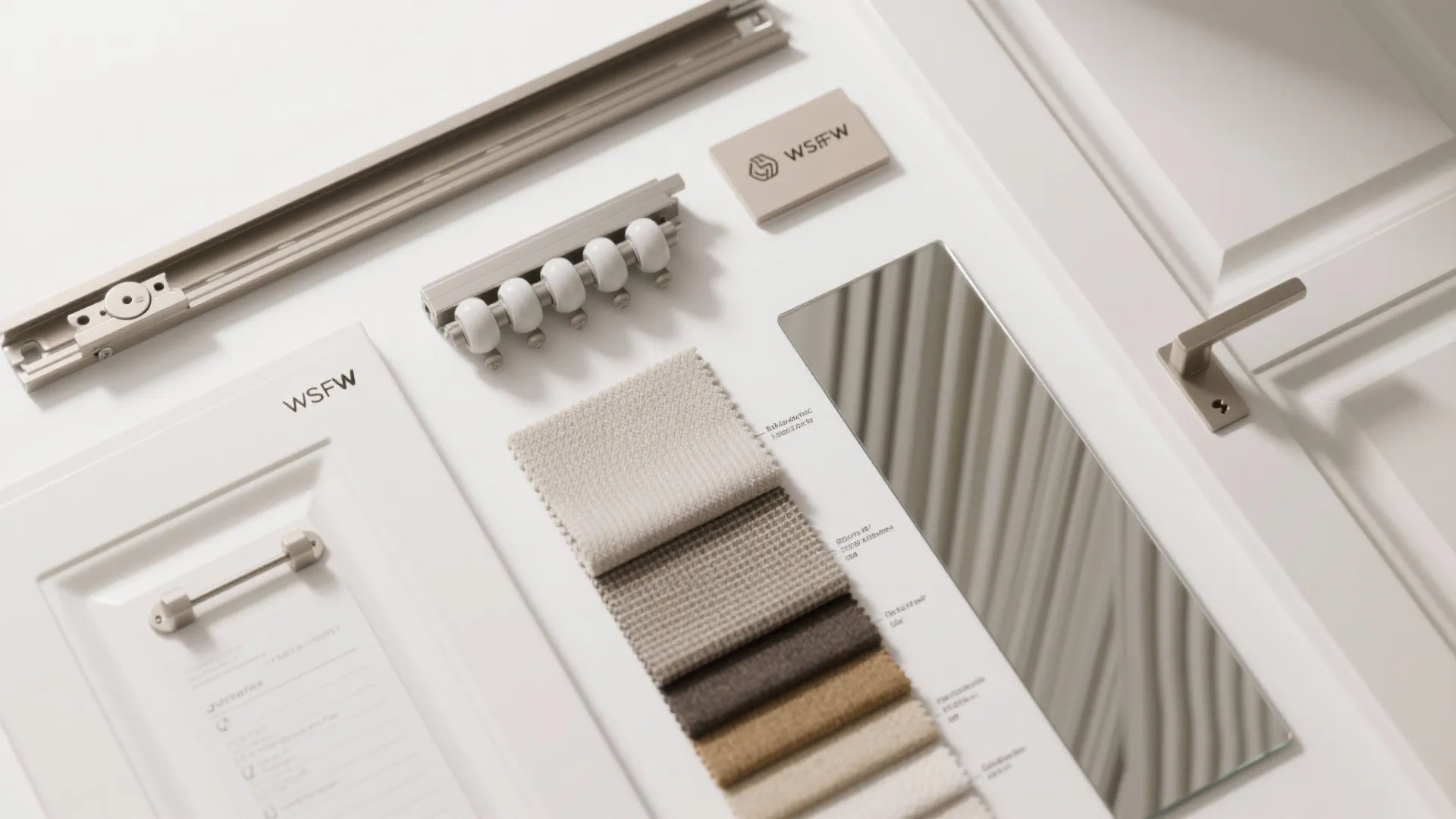 Interior design materials including fabric swatches mirror metal track door handle and white wall panel