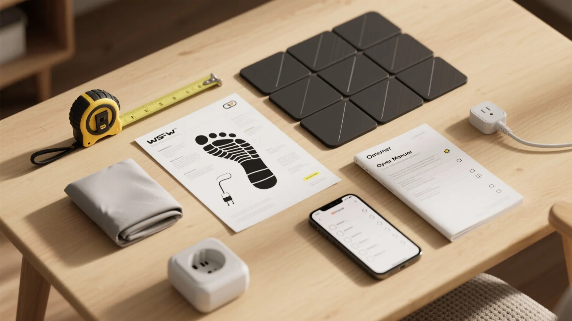 Flatlay of tape measure manual mobile phone and smart home wall tiles on wooden table