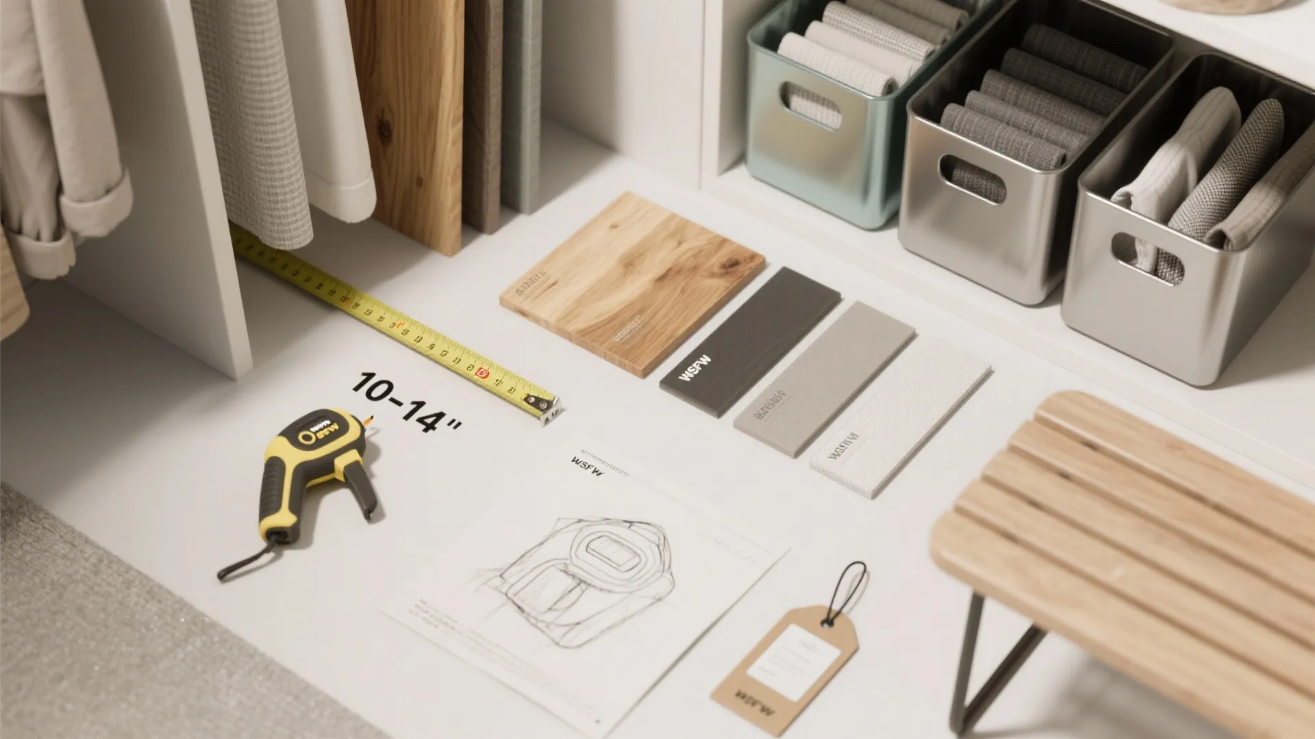 Flatlay of measurement tape, material samples and labeled fabric swatches for entryway storage planning.