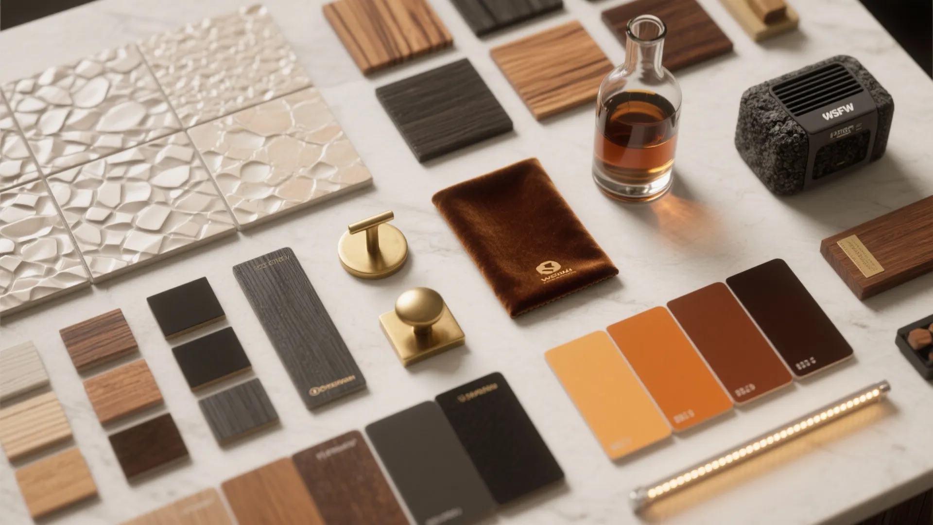 Interior design material board with wood samples textured tiles brass hardware color swatches and velvet fabric