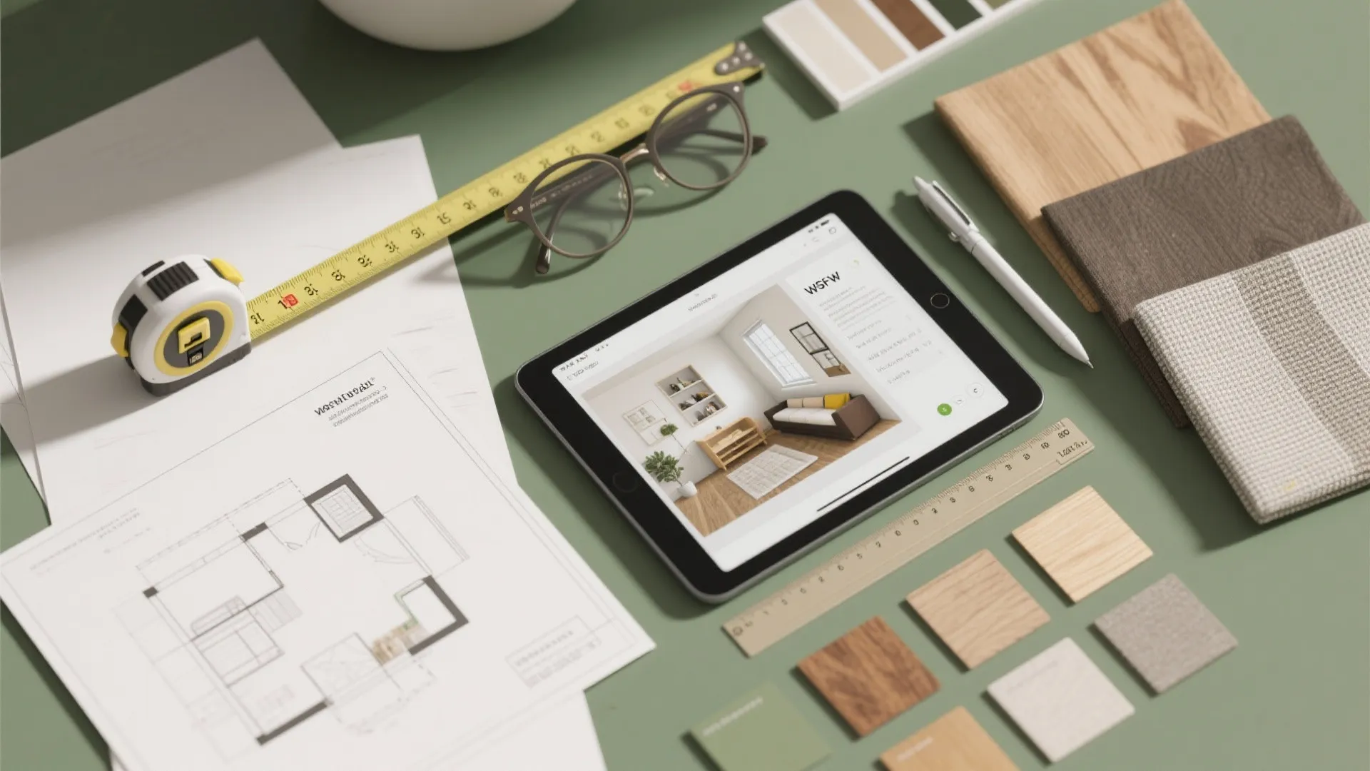 Interior design workspace showing tablet with room layout, tape measure, floor plan, and material samples.