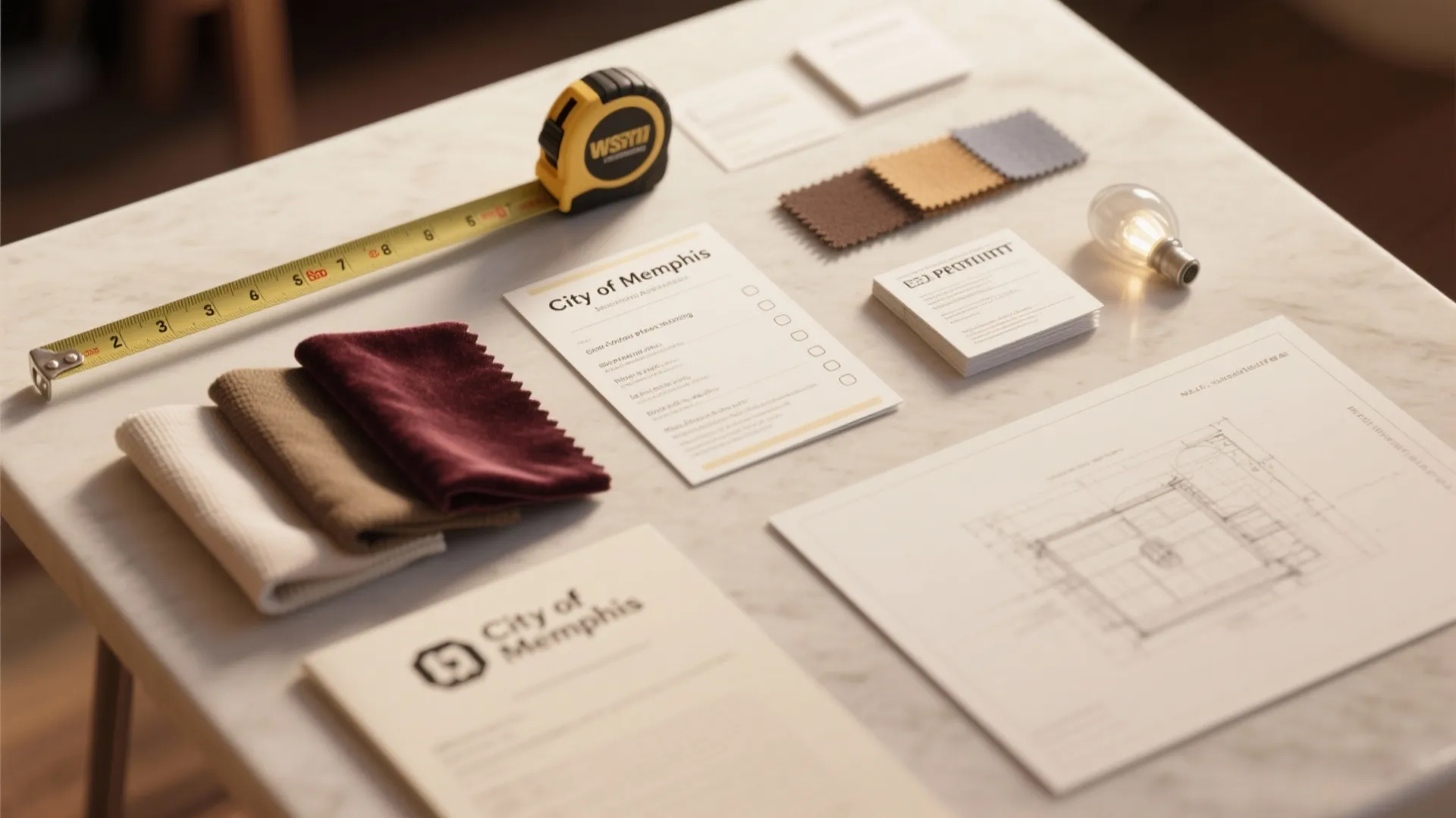Flatlay of venue planning essentials: checklist, fabric swatches, tape measure and layout sketch for small events.