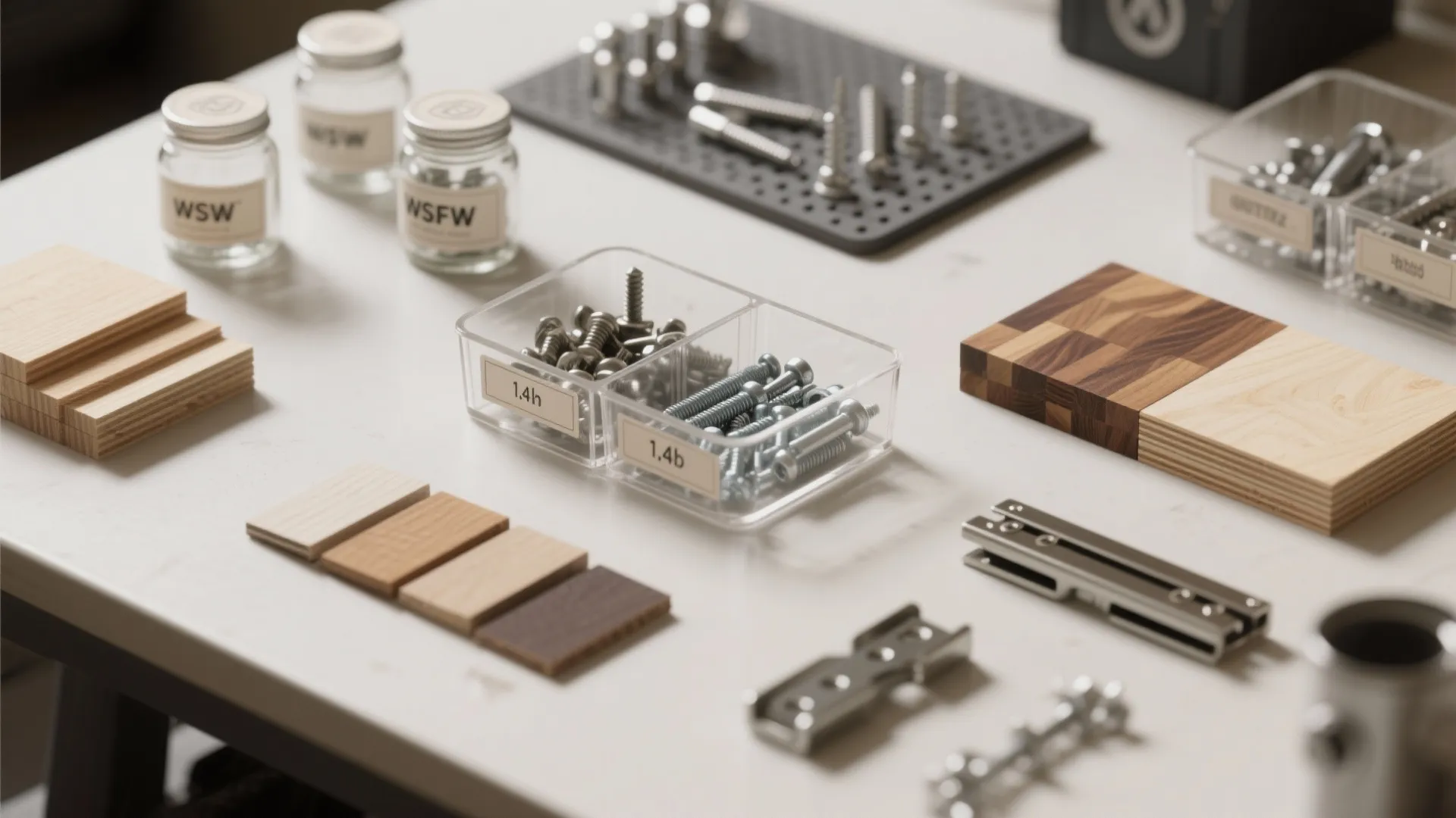 Flat lay of furniture hardware metal screws wood samples and small jars on a white table