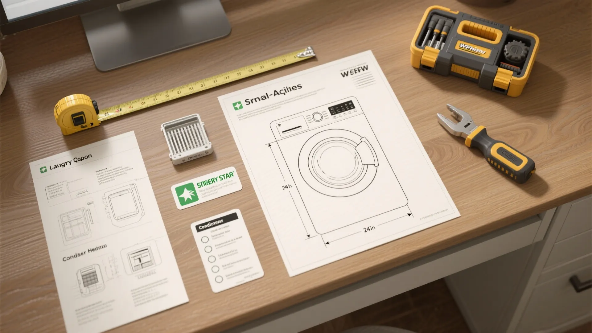 Washing machine design drawing on wooden desk with tape measure yellow tool box and wrench