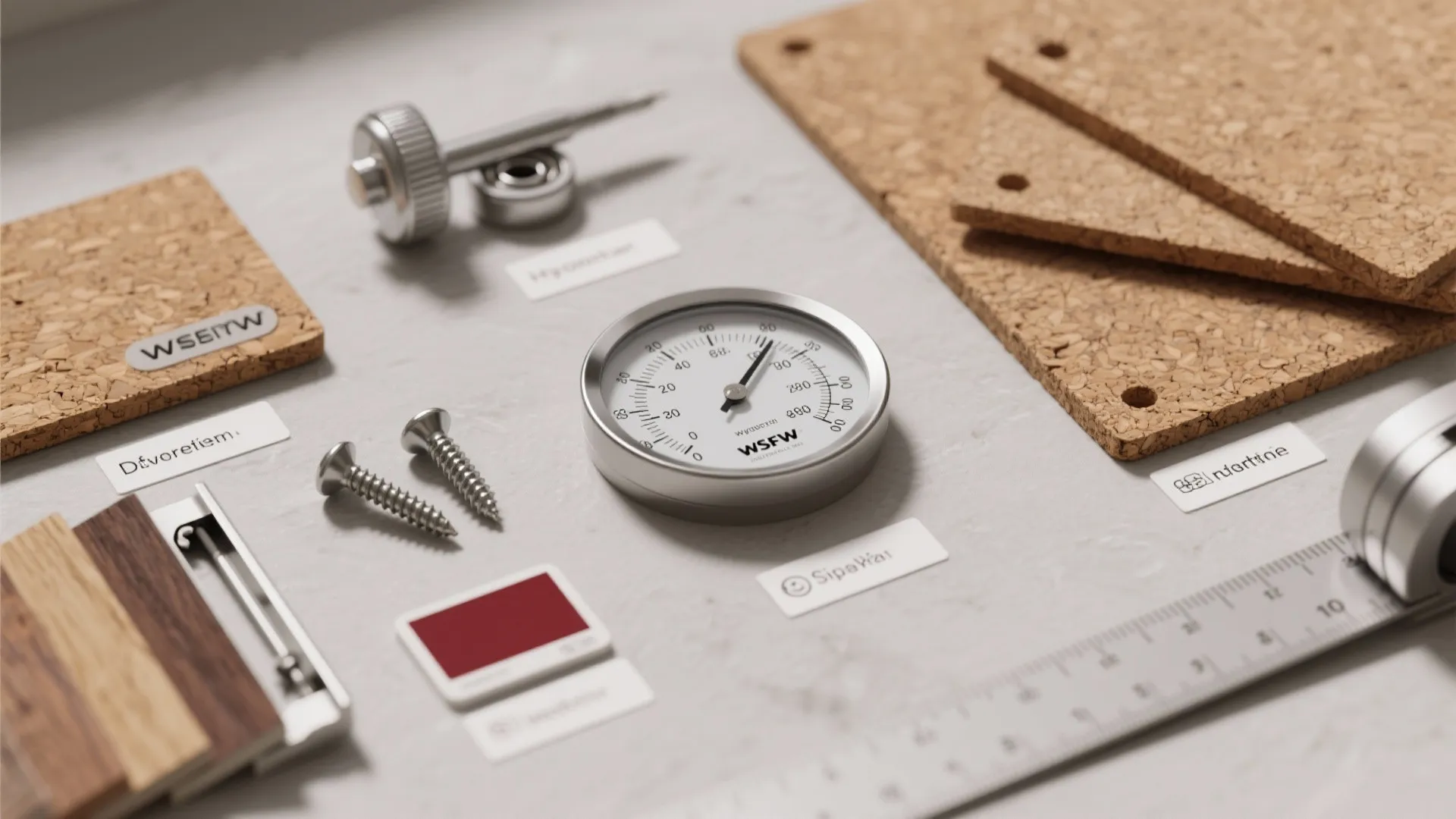 Interior design tools including a metal gauge screws wood samples and cork boards on table