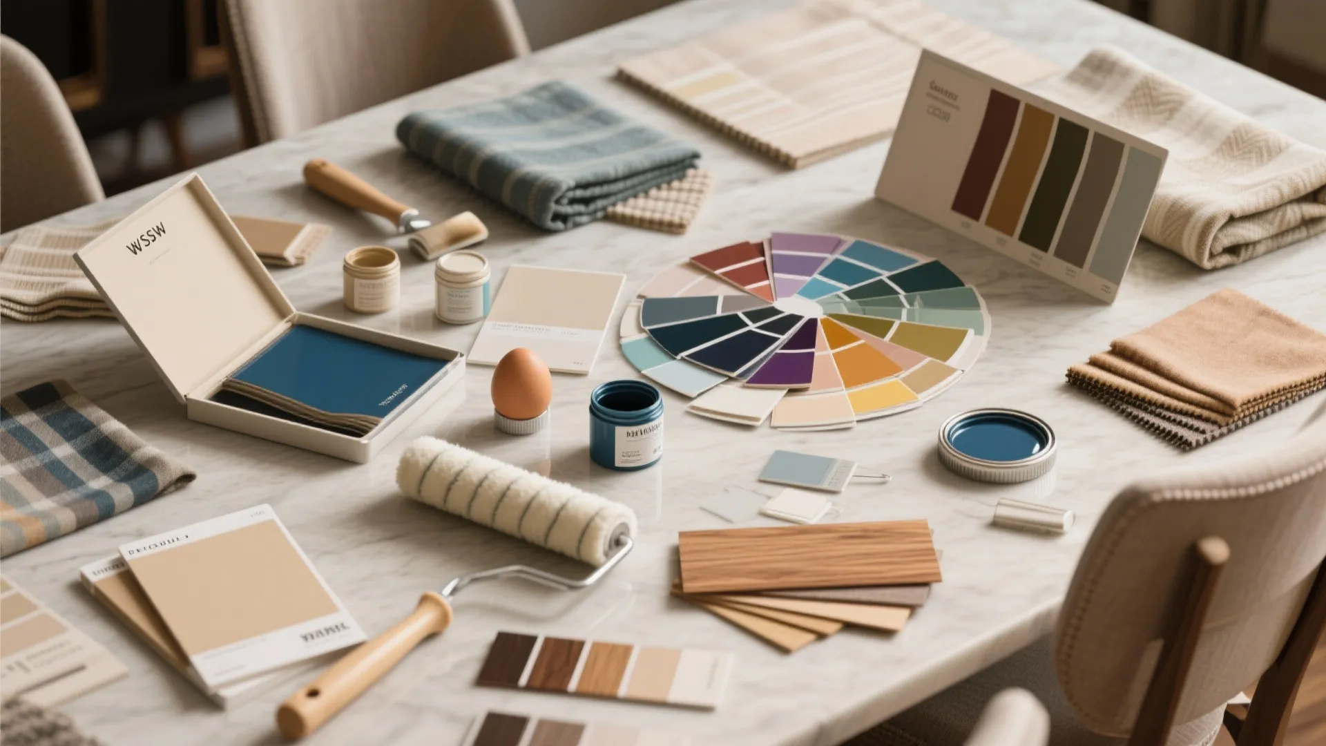Top-down flatlay of paint chips, finish samples, fabric swatches and wood chips for dining room decisions.