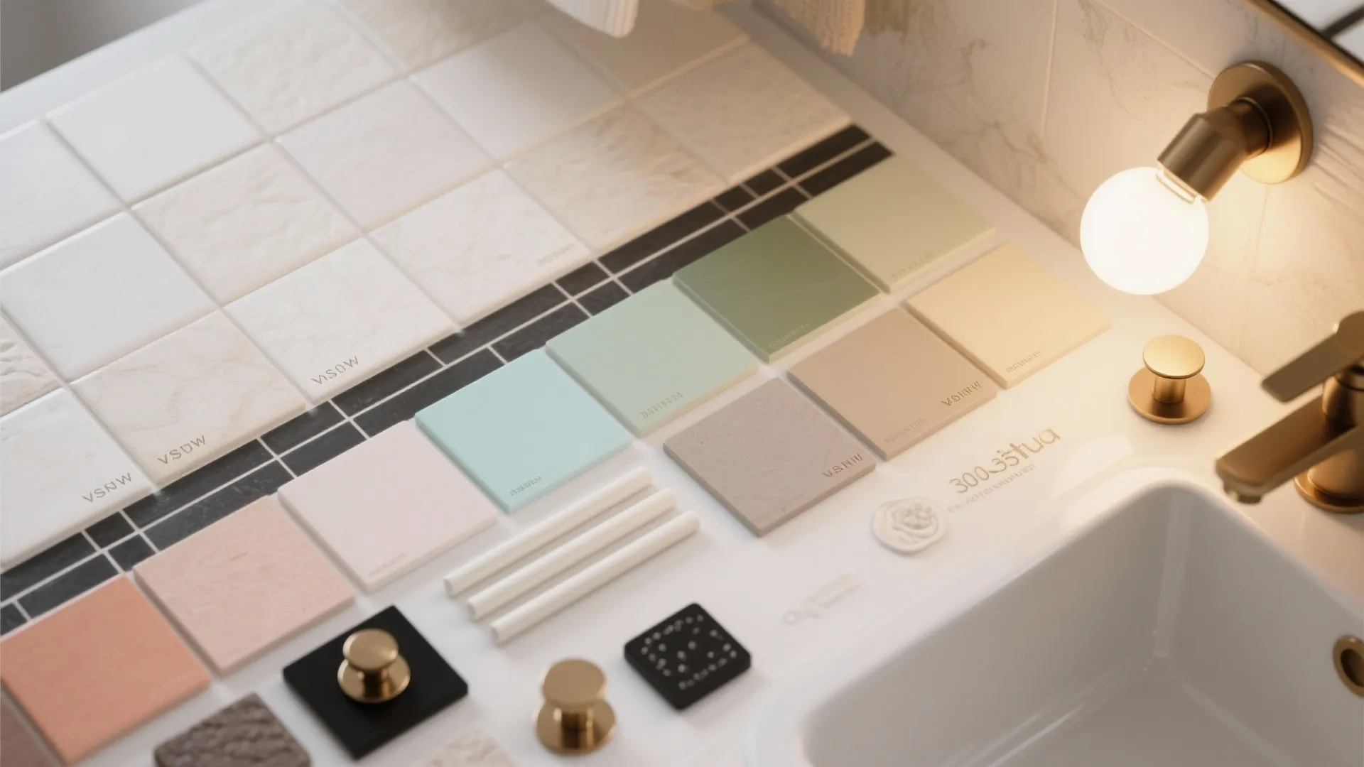 Collection of colorful tile samples and gold hardware accessories arranged on a white bathroom counter