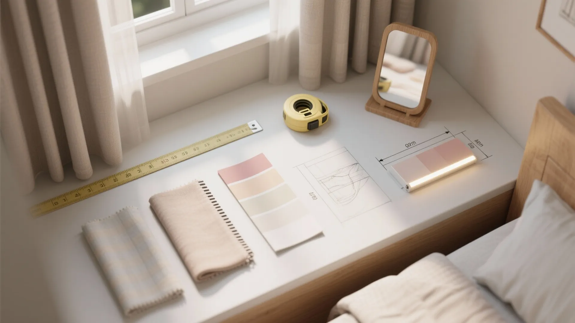 Desk with measuring tape and fabric samples and color palette for an interior design project