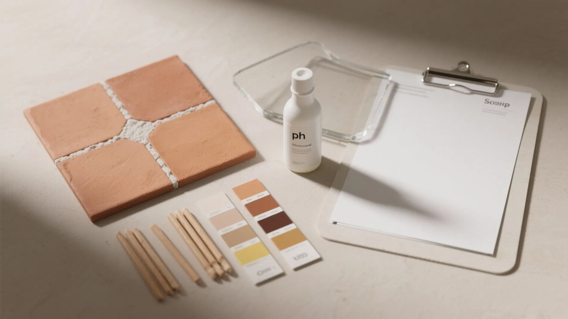 Interior design materials including orange tiles color swatches wooden sticks and a white paper clipboard
