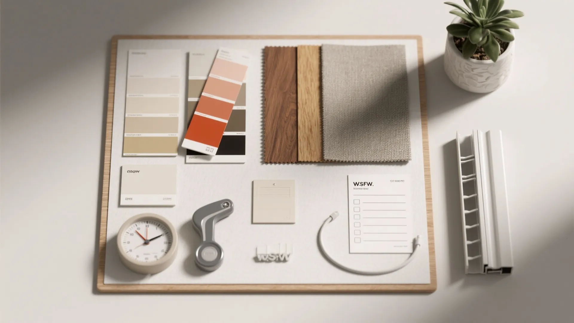 Flatlay moodboard of color swatches, material samples, a mini desk scale, ergonomic checklist, and cable channel sample.