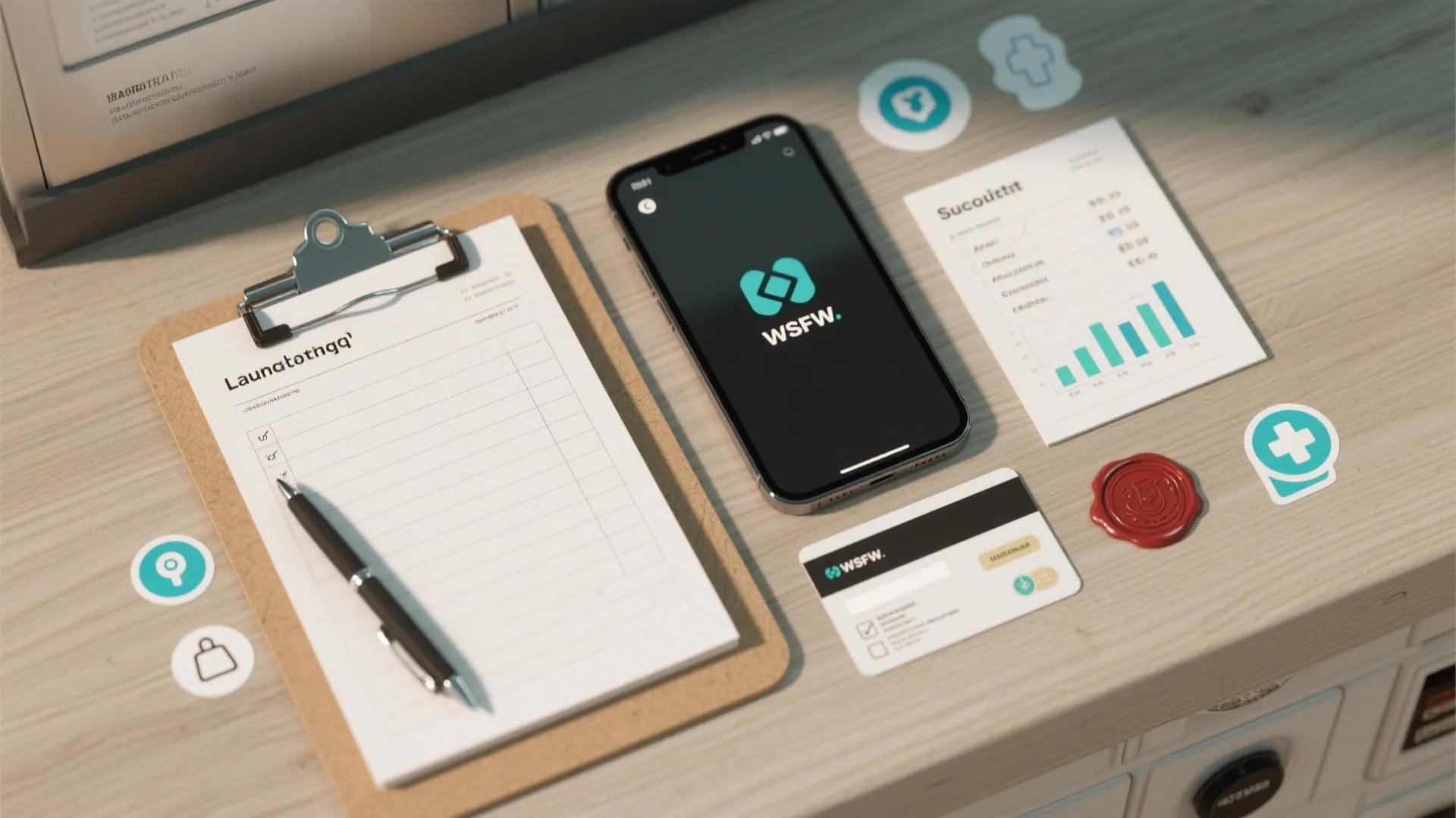 Top-down view of a paper log, phone analytics, budget notes and membership card for laundromat planning.