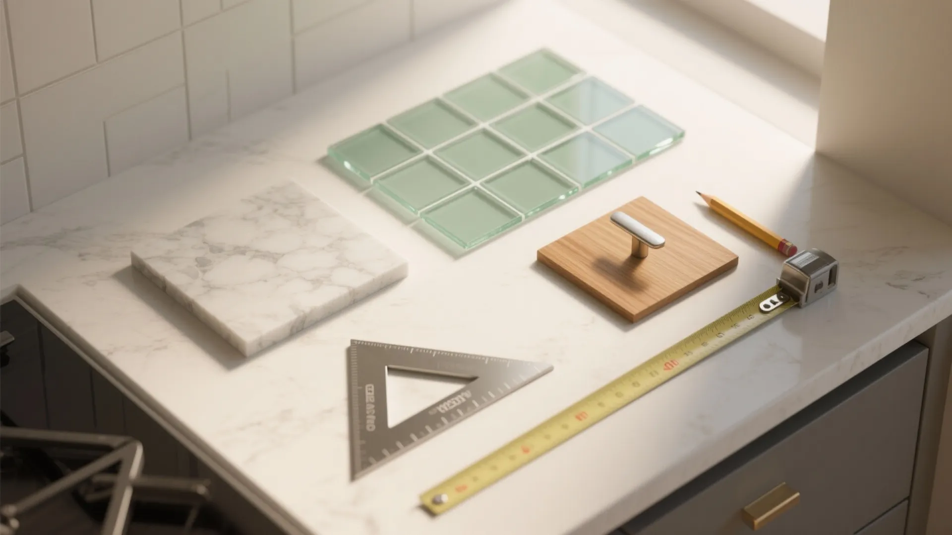 Kitchen material samples on marble surface with wood tile green glass tiles pencil and measuring tape