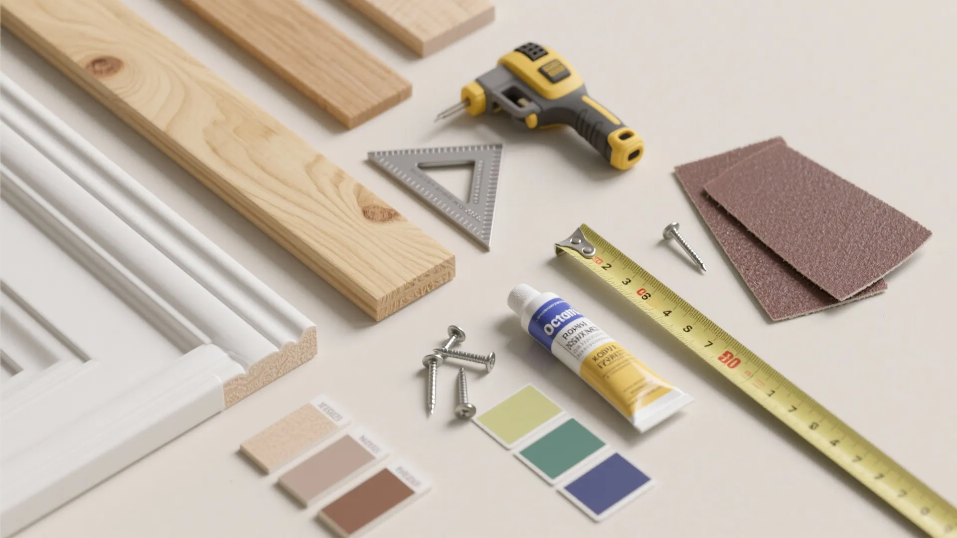 Various home renovation tools including measuring tape drill wood pieces and screws on a table