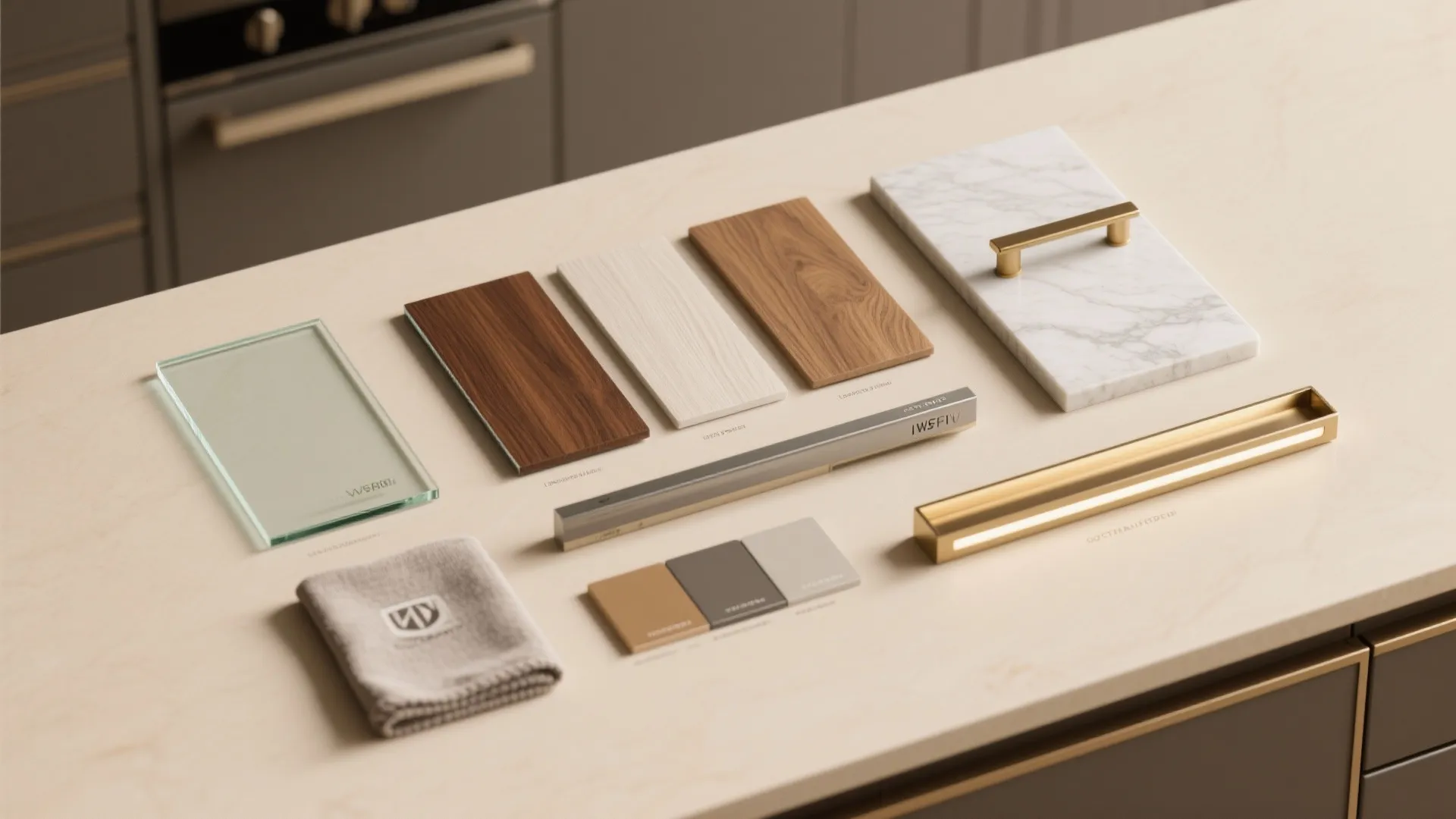 Interior design material board with wood samples marble tile glass panel and gold handle hardware