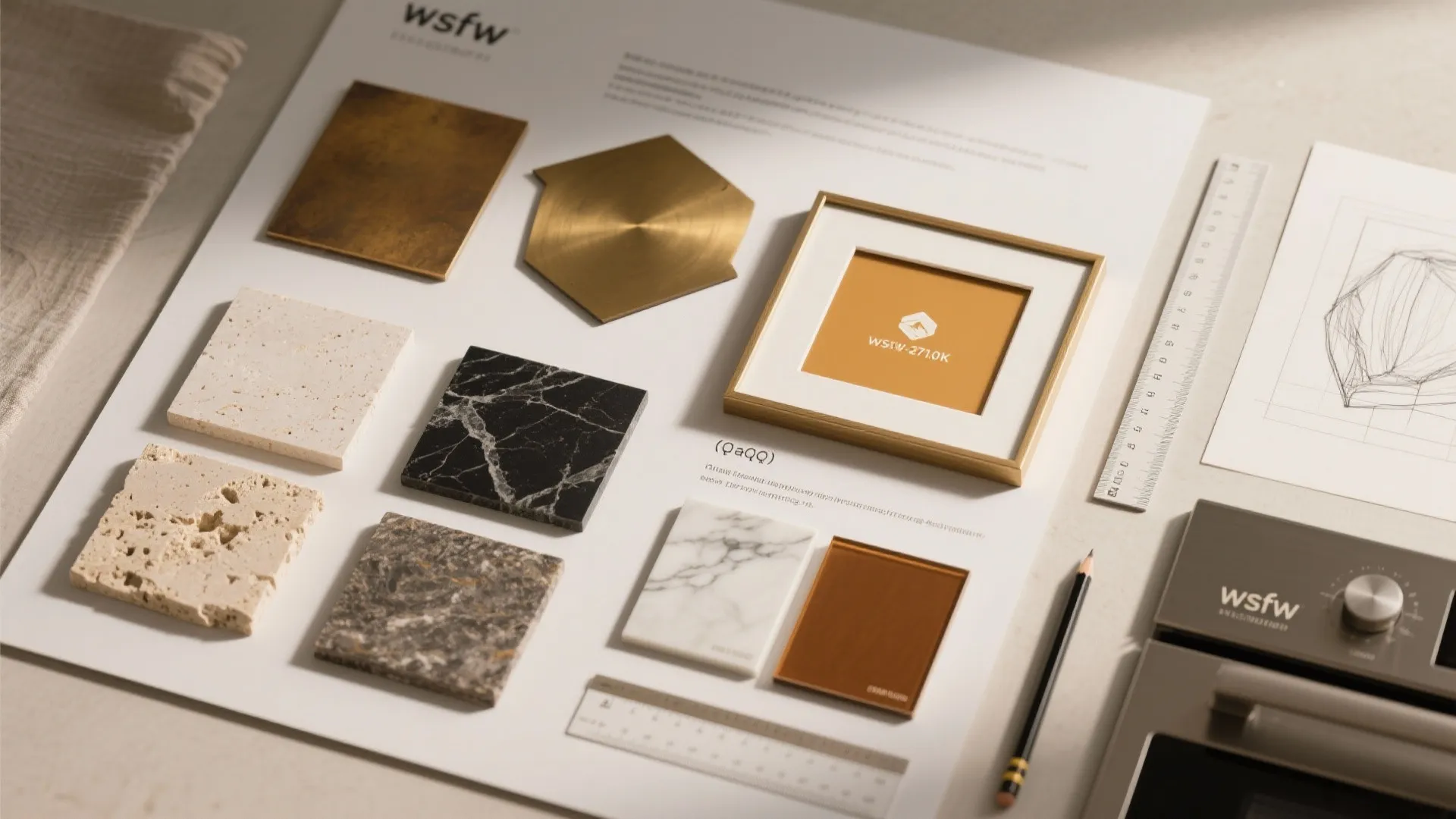 Interior design material board with stone tiles metal samples sketches and pencil on white table