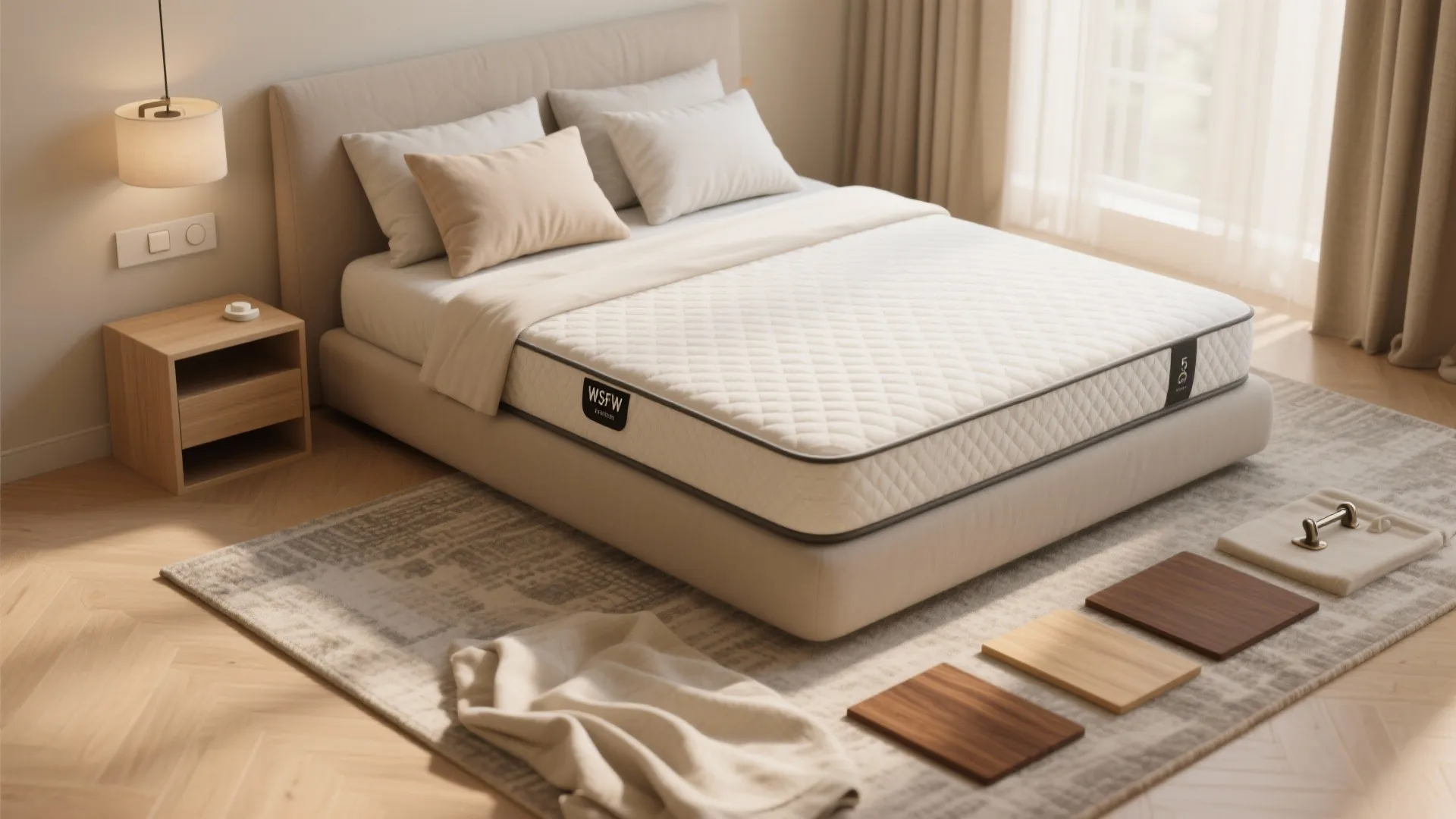 Beige bed with white mattress wooden nightstand wall light and material samples on a rug