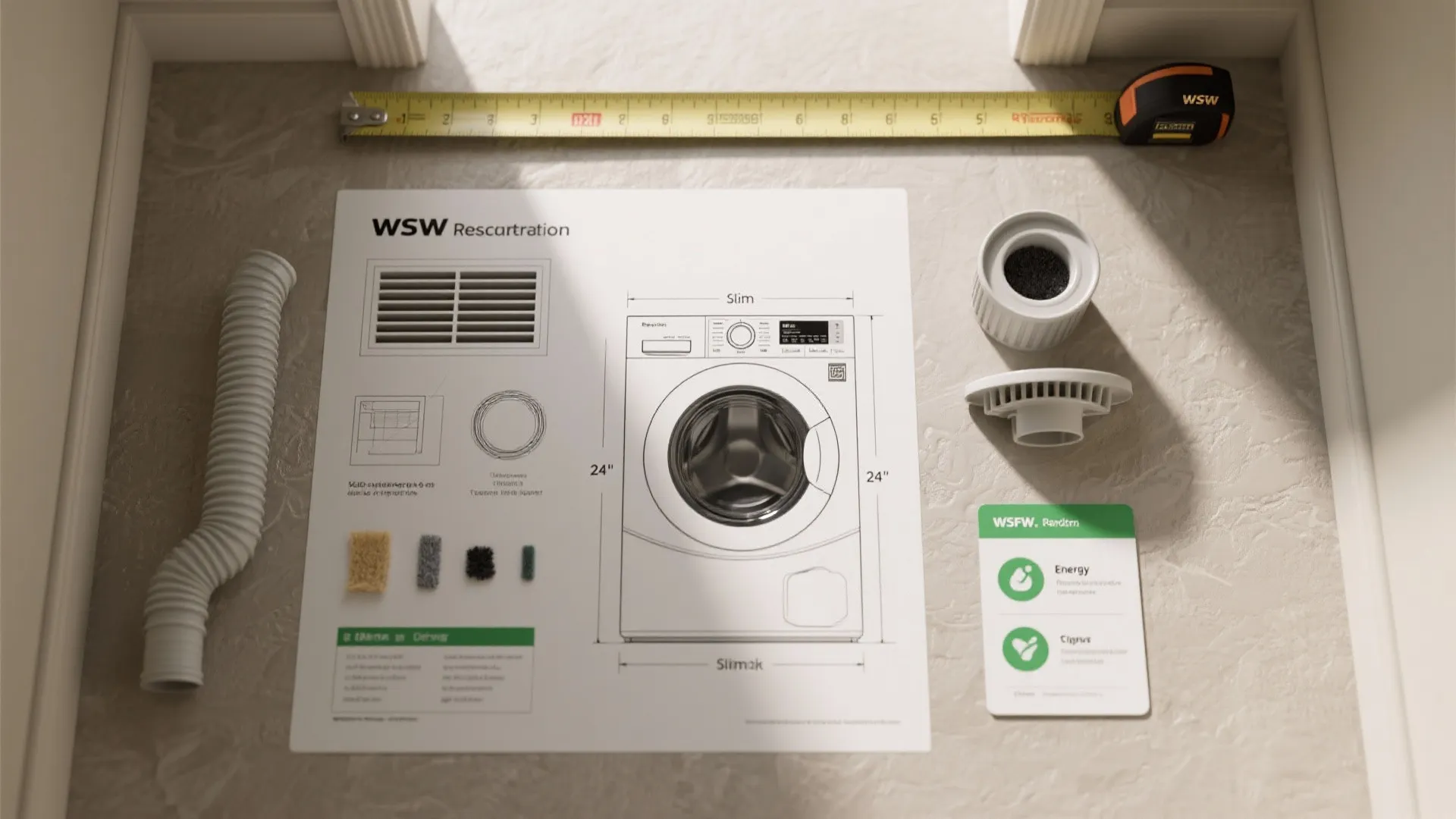 Flat lay showing washing machine interior design drawing with yellow measuring tape and white parts
