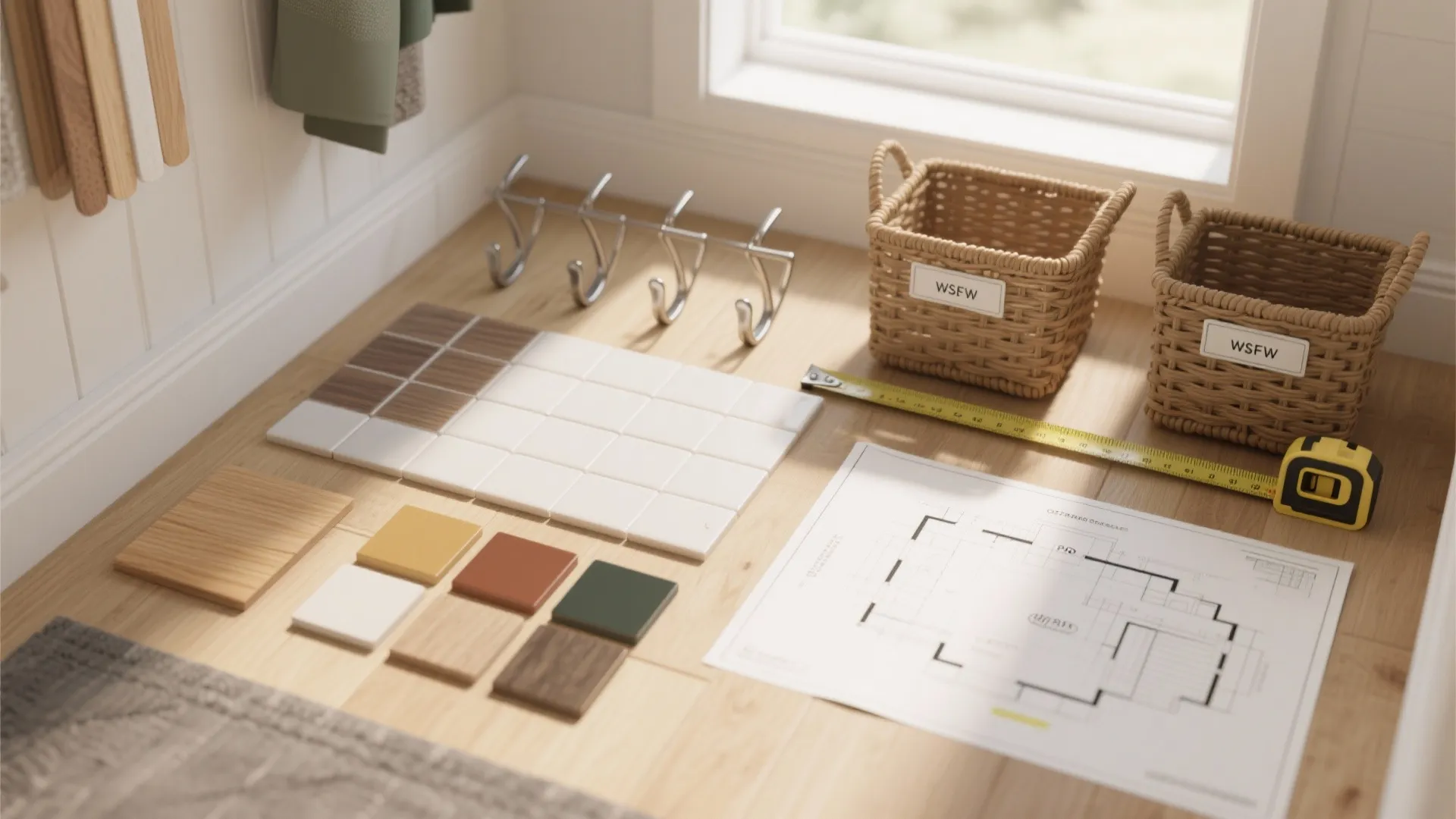 Interior design floor plan with color swatches measuring tape and storage baskets on wood floor