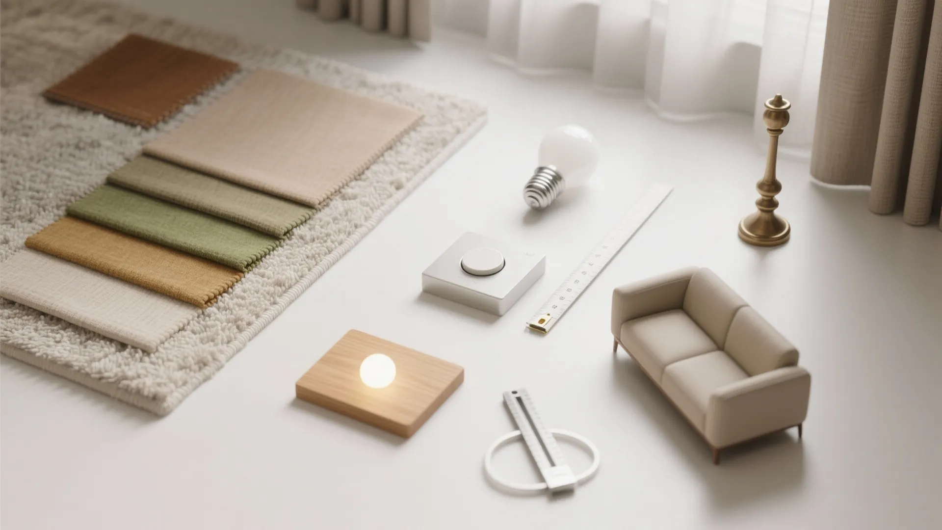 Interior design materials including fabric samples light bulb mini sofa and tools on white surface