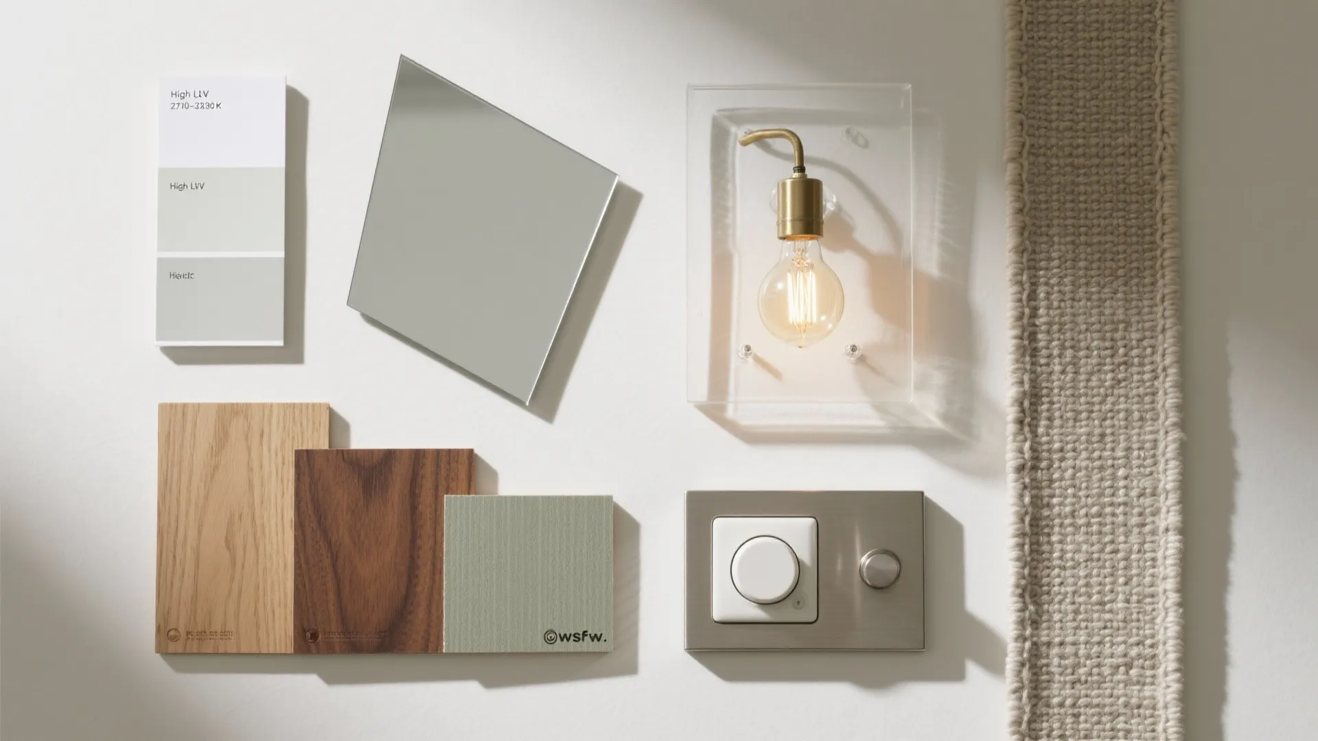 Interior design mood board with wood samples color swatches a light fixture and metal switch
