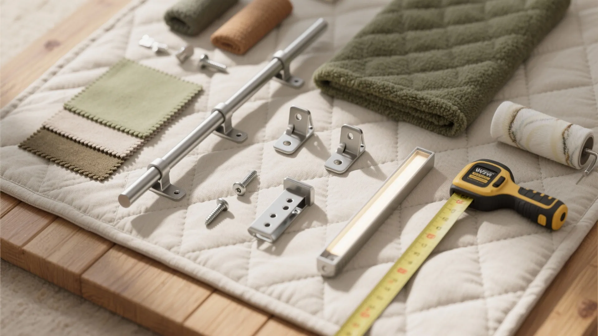 Flat lay of curtain hardware including metal rod screws measuring tape and fabric color samples