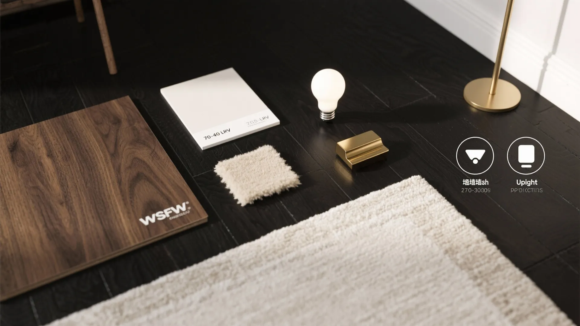 Flatlay of interior design materials including wood samples a light bulb carpet and paint swatches